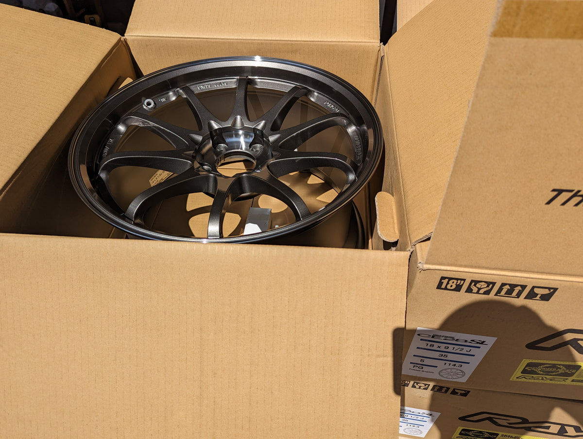 RAYS Volk Racing CE28SL (Pressed Graphite) with Genuine Rays Stickers - 5x114.3 - 18x9.5 +35