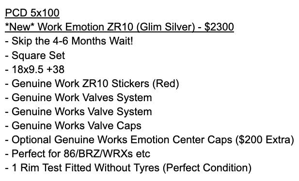 *New* Work Emotion ZR10 (Glim Silver) - $2300 - PCD 5x100 - 18x9.5 +38 