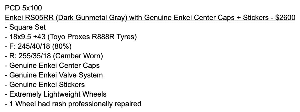 Enkei RS05RR Dark Gunmetal Gray | 5x100 | 18x9.5 +43 | Used | With Toyo R888R Tyres