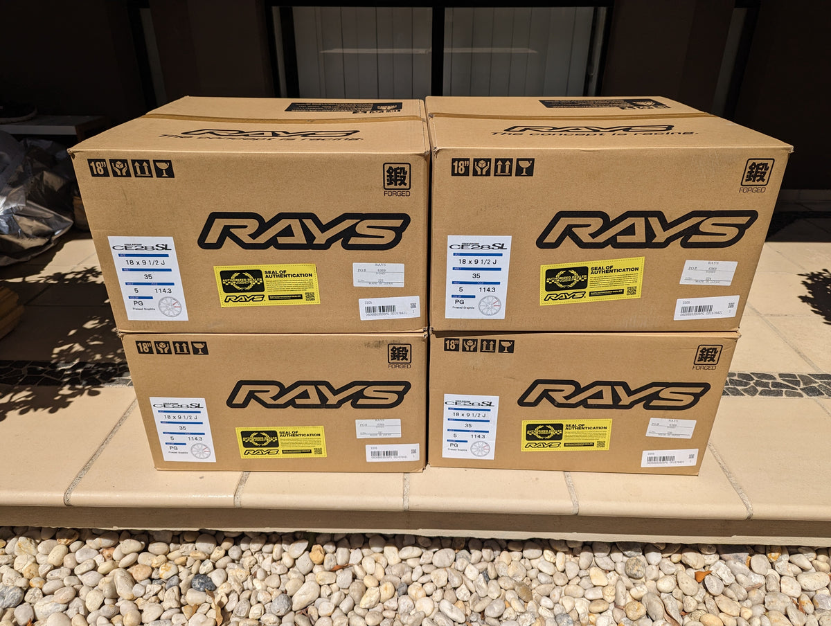 RAYS Volk Racing CE28SL (Pressed Graphite) with Genuine Rays Stickers - 5x114.3 - 18x9.5 +35