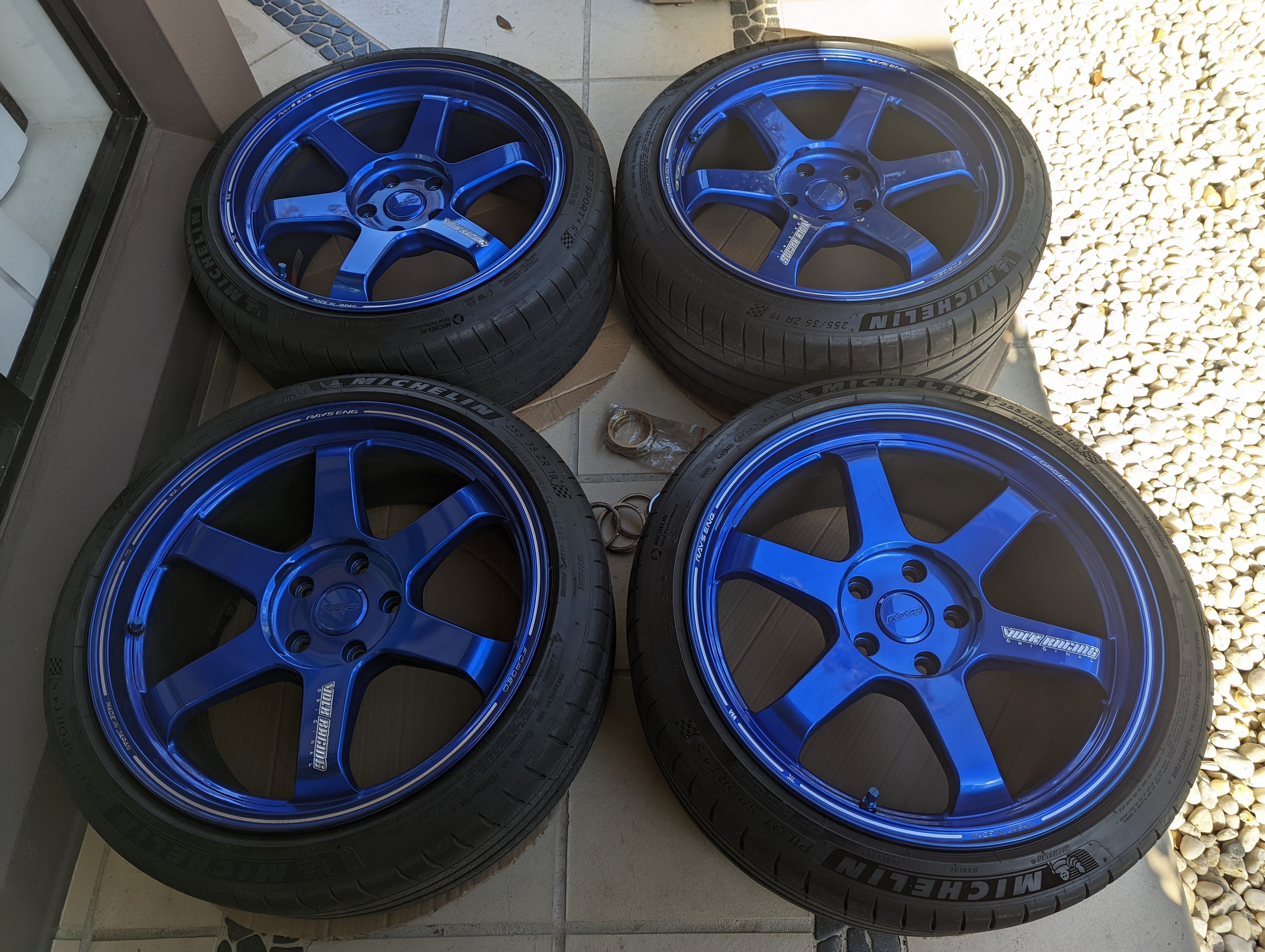 TE37 Ultra M Spec (Hyper Blue) with Genuine Rays Center Caps and Michelin Pilot Sport 4S - 5x120 - 19x9.5 +36 (255/35/19)