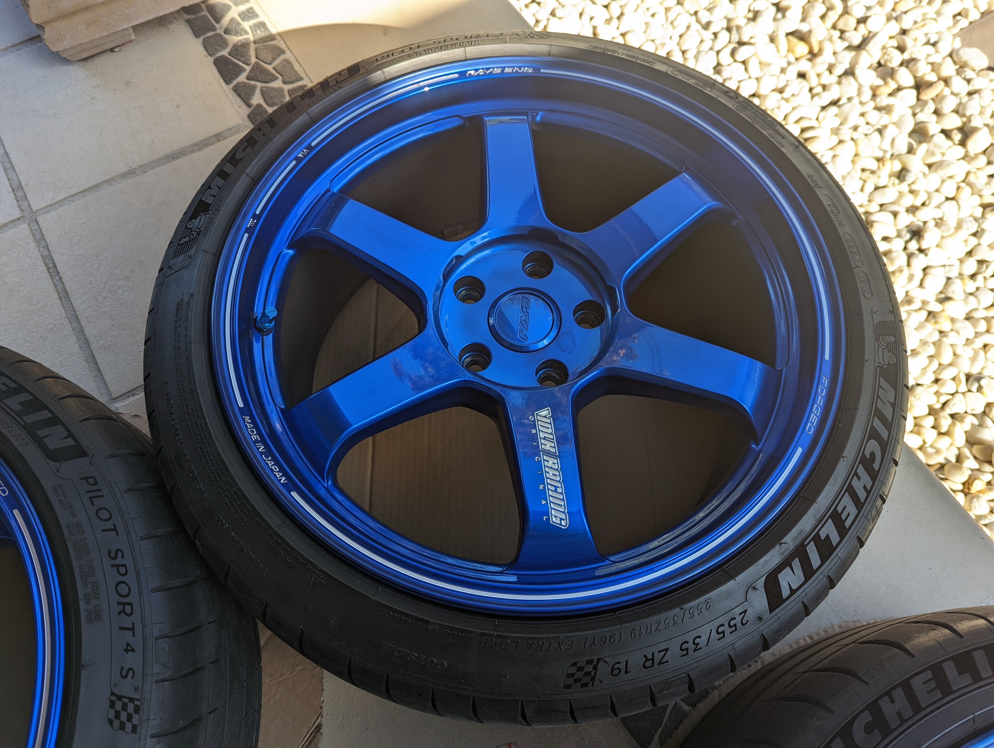 TE37 Ultra M Spec (Hyper Blue) with Genuine Rays Center Caps and Michelin Pilot Sport 4S - 5x120 - 19x9.5 +36 (255/35/19)