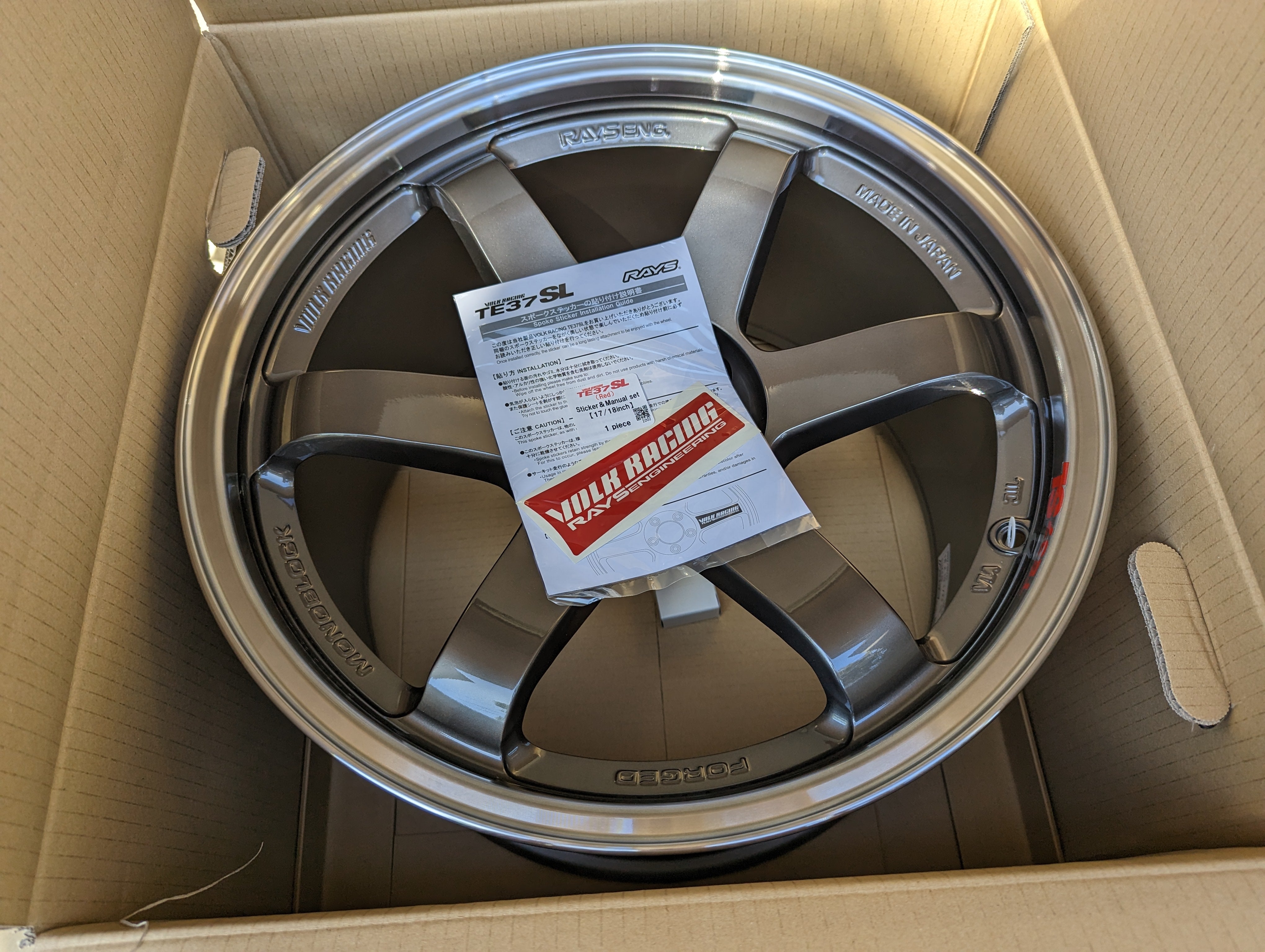 *PAIR* *Discontinued* Brand New in Box Double (Pressed Graphite) Rays Engineering Volks Racing TE37SL with Genuine Volk Racing Stickers - 18x10.5 +15
