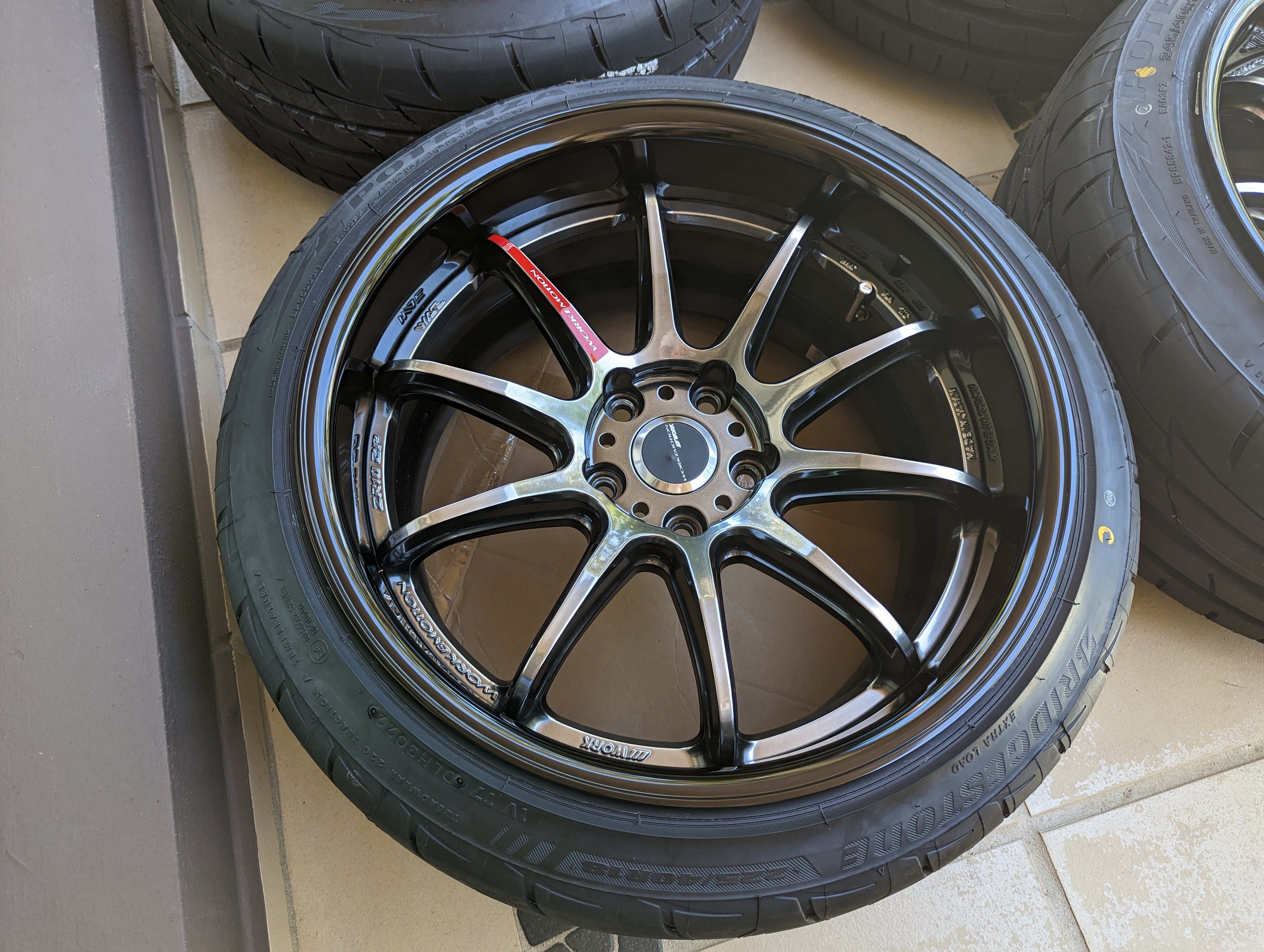 *Near New* Work Emotion ZR10 2P with Genuine Work Center Caps and New Bridgestone RE003 Tyres - 5x114.3 - F: 18x9.5 +10  - R: 18x10.5 +10