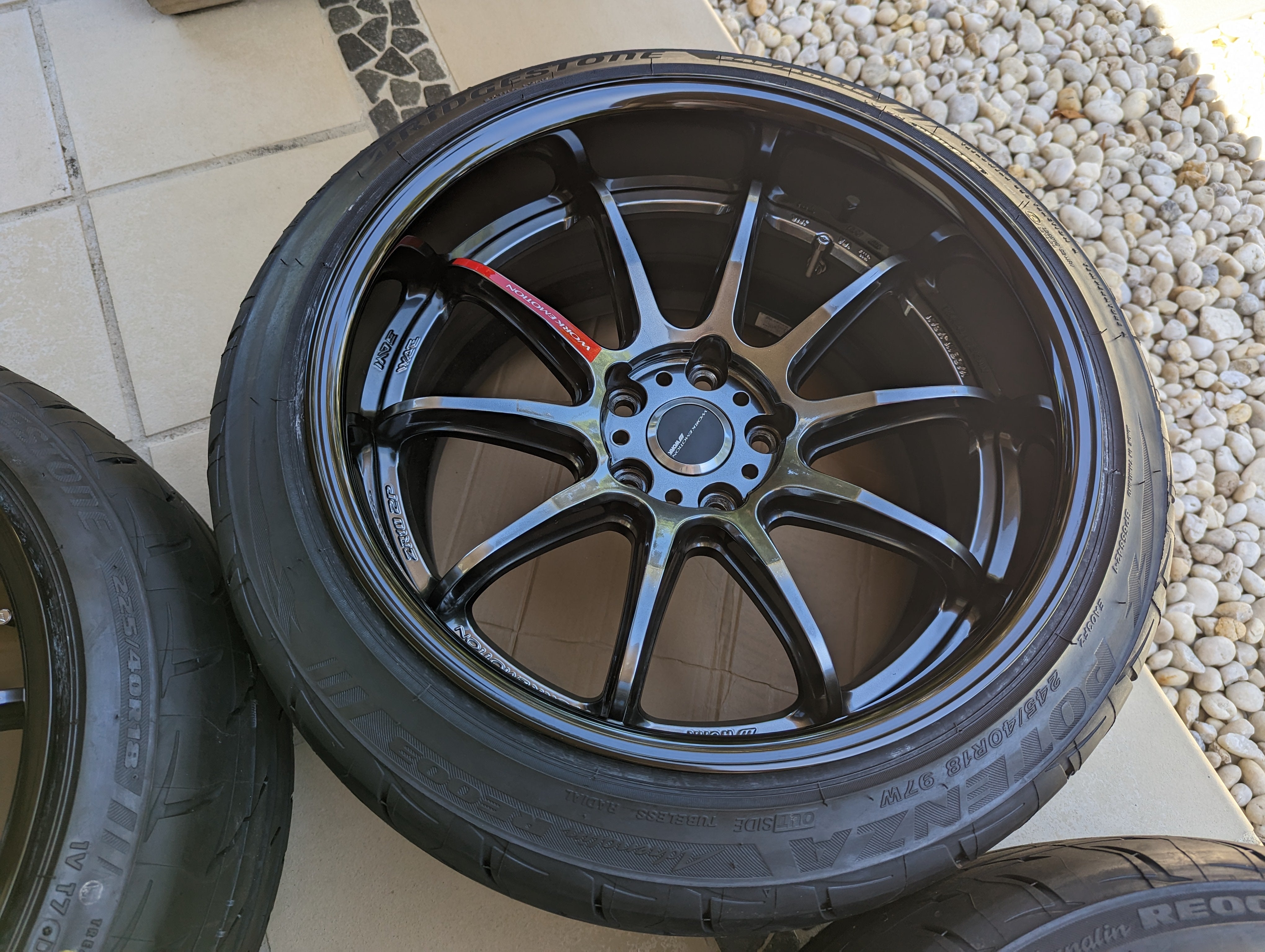 *Near New* Work Emotion ZR10 2P with Genuine Work Center Caps and New Bridgestone RE003 Tyres - 5x114.3 - F: 18x9.5 +10  - R: 18x10.5 +10