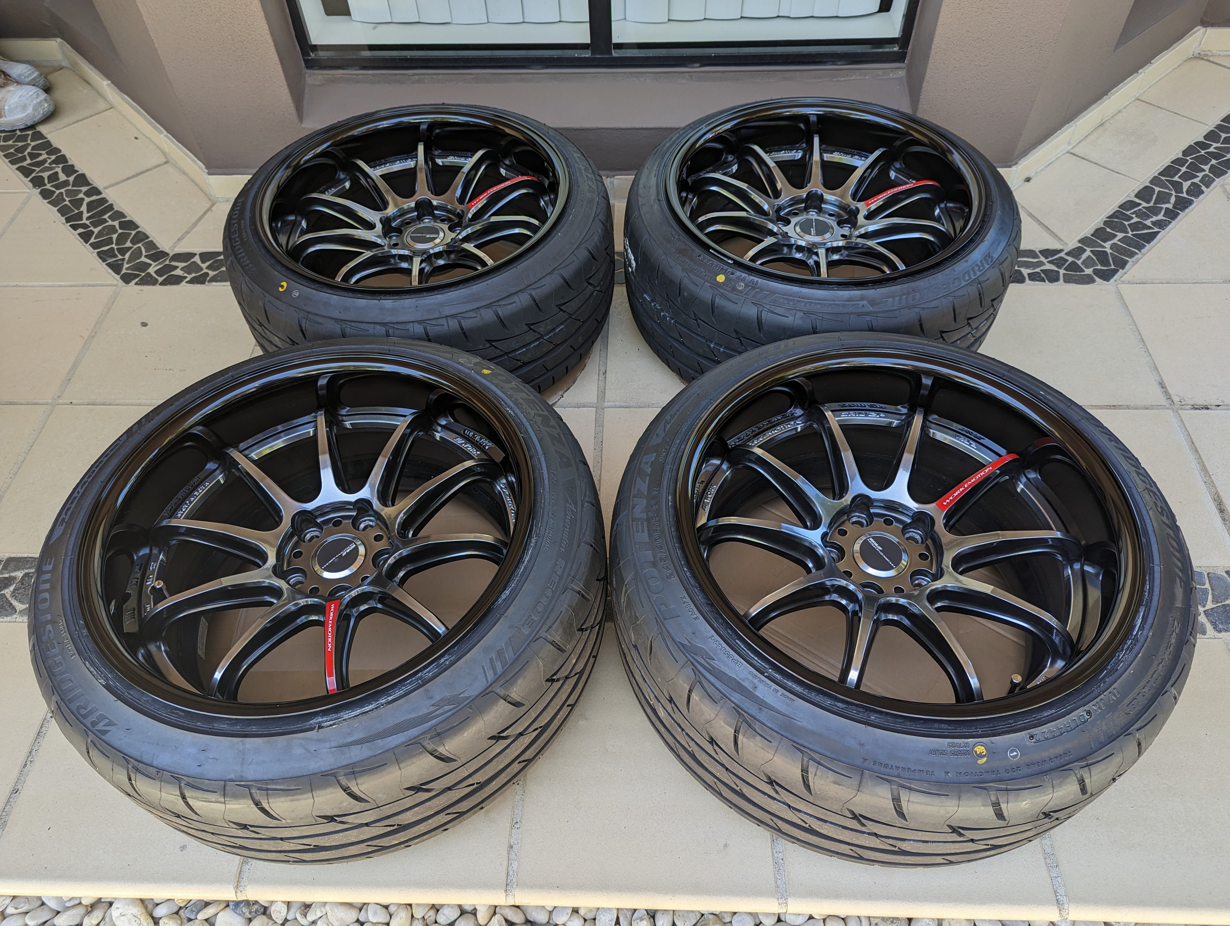 *Near New* Work Emotion ZR10 2P with Genuine Work Center Caps and New Bridgestone RE003 Tyres - 5x114.3 - F: 18x9.5 +10  - R: 18x10.5 +10