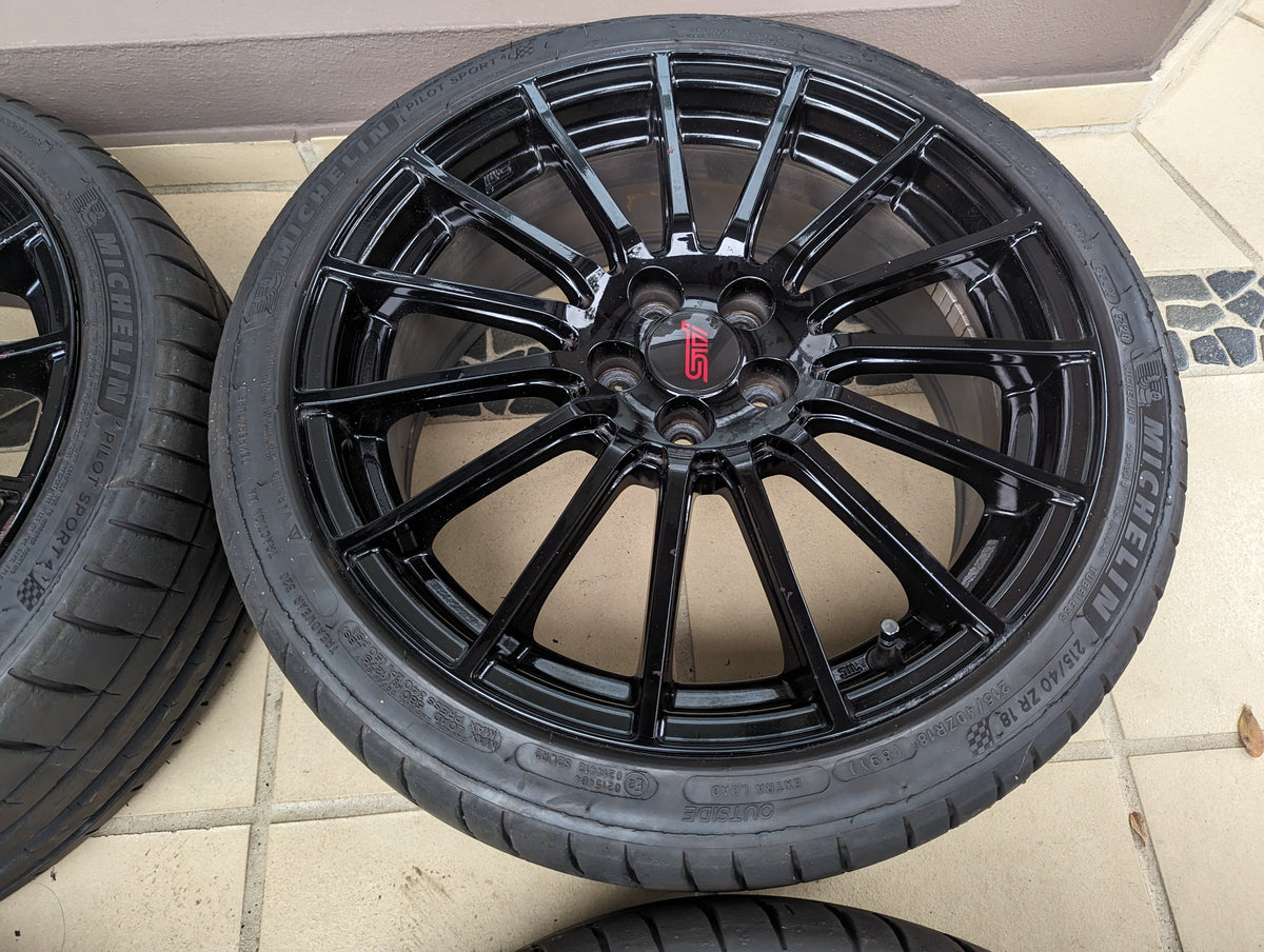 Enkei x STI Special Edition Wheels with Genuine STI Center Caps and Near New Michelin Pilot Sports 4 Tyres