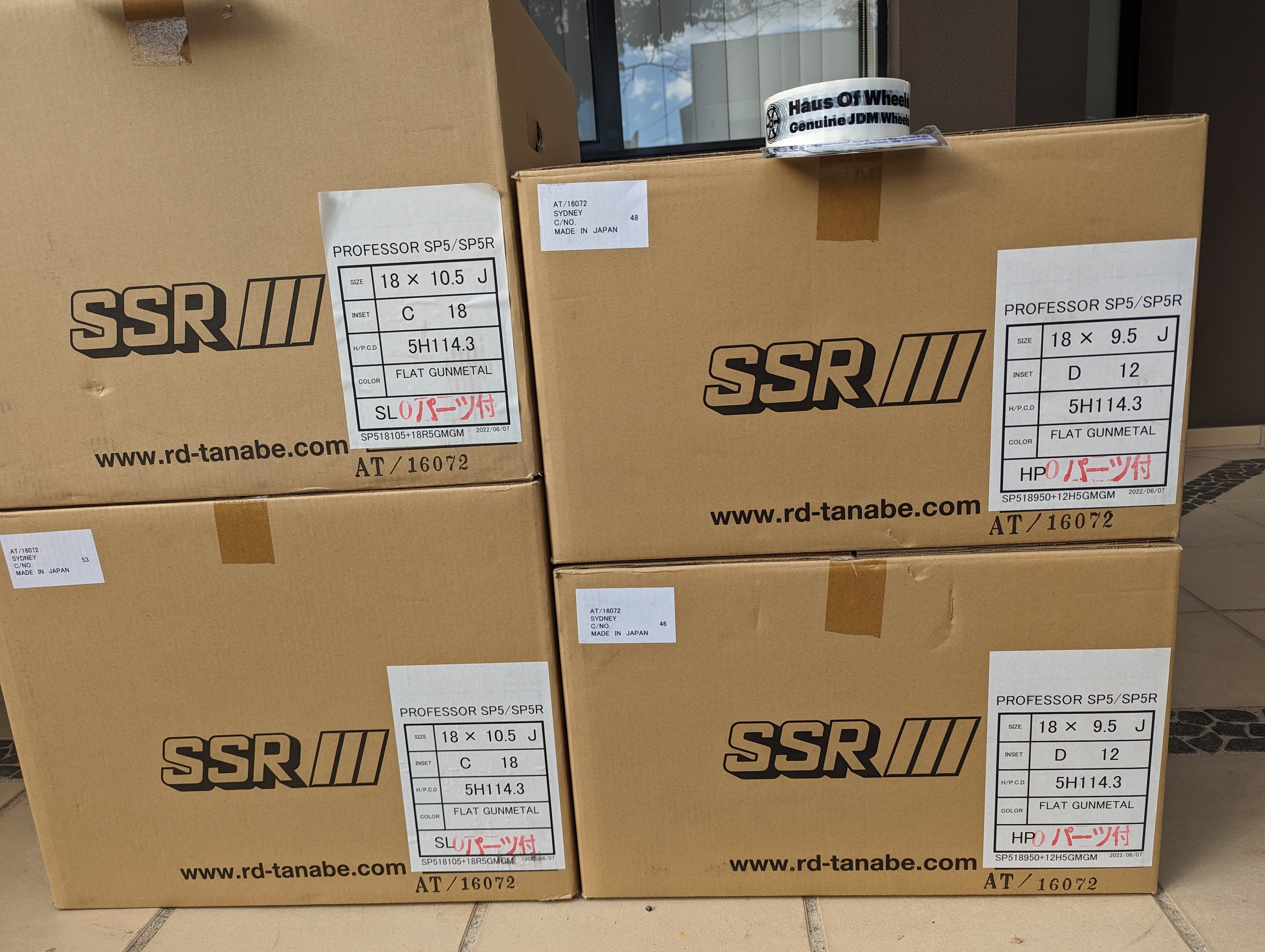 SSR SP5 (Flat Gunmetal) - 3 Piece Wheels - F: 18x9.5 +12 - R: 18x10.5 +18