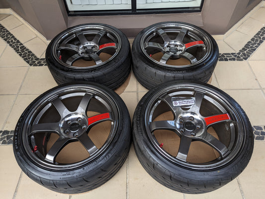 
RAYS Volk Racing TE37 Saga SL (Pressed Graphite) with Genuine RAYS Center Caps and Brand New Bridgestone RE003 Tyres