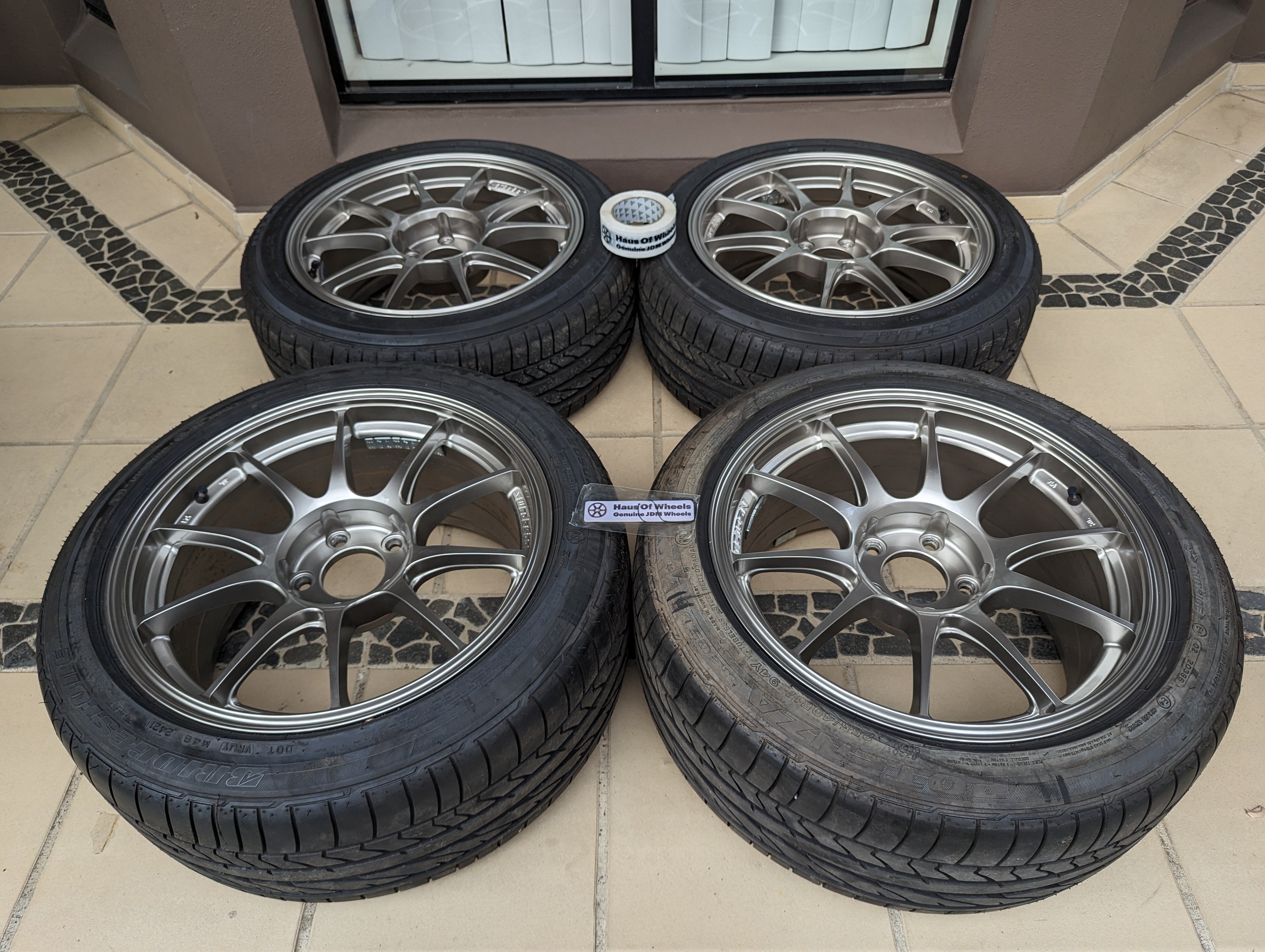 *Near New* WedsSport TC105N (Titan Silver) with New Bridgestone Tyres - 5x114.3 - F: 17x8 +32 - R: 17x9 +35