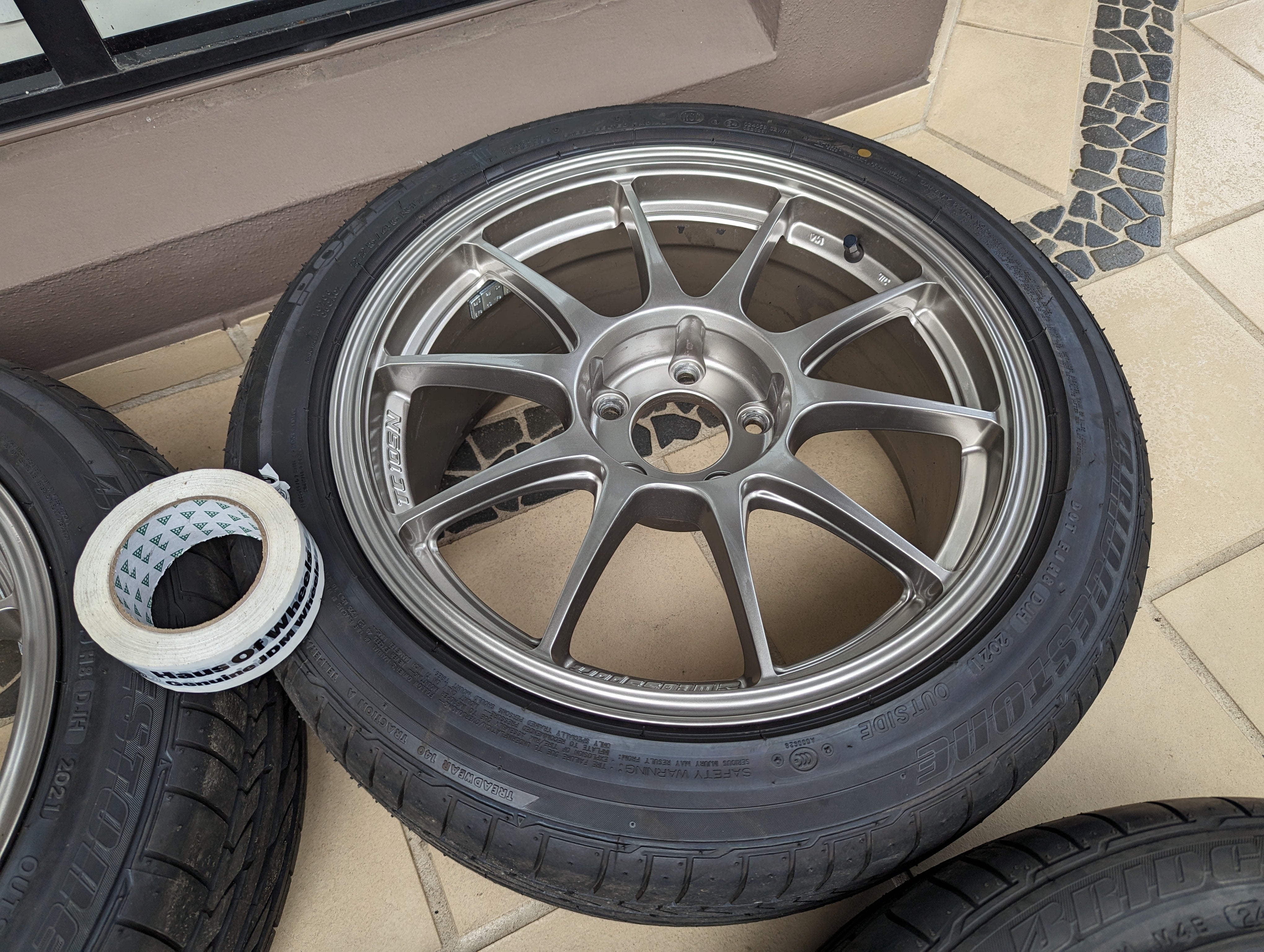 *Near New* WedsSport TC105N (Titan Silver) with New Bridgestone Tyres - 5x114.3 - F: 17x8 +32 - R: 17x9 +35