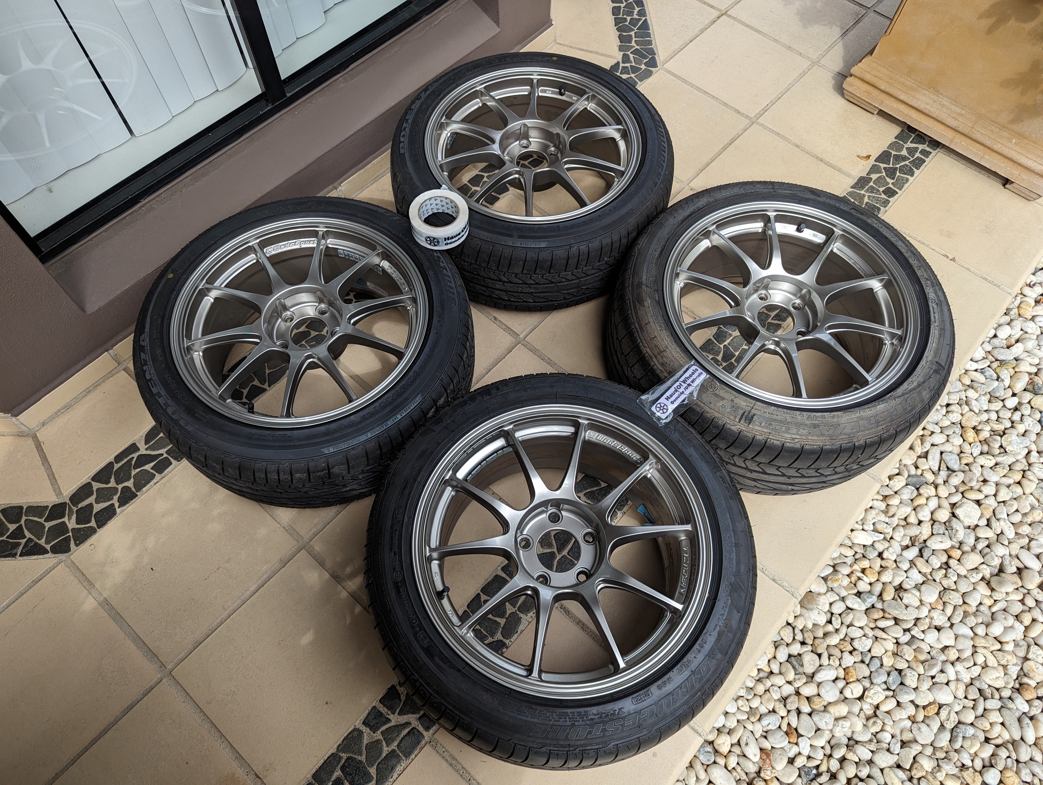 *Near New* WedsSport TC105N (Titan Silver) with New Bridgestone Tyres - 5x114.3 - F: 17x8 +32 - R: 17x9 +35