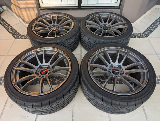 
PCD 5x114.3  RAYS Gram Lights 57 Xtreme (Matte Graphite) with Genuine RAYS Center Caps and Yokohama Advan Tyres - 5x114.3 - 18x9.5 +38