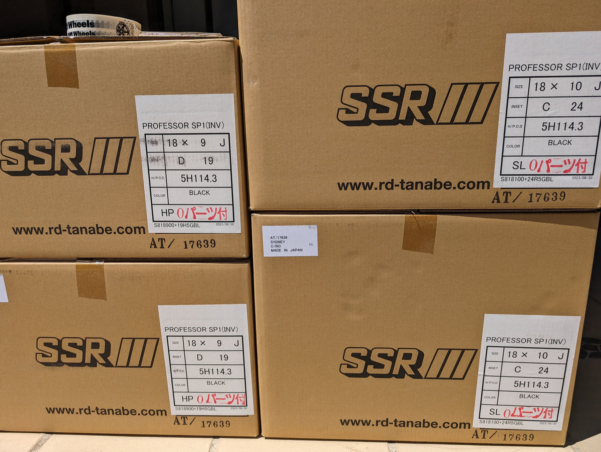 SSR SP1 Gloss Black | 5x114.3 | F: 18x9 +19 / R: 18x10 +24 | New | 3 Piece