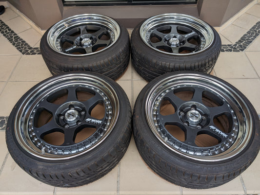 
*Rare* Work Meister L13P - 3 Piece Wheels with Genuine Work Meister Center Caps and Tyres - 5x114.3 - F: 18x9 +15 - R: 18x10.5 +14