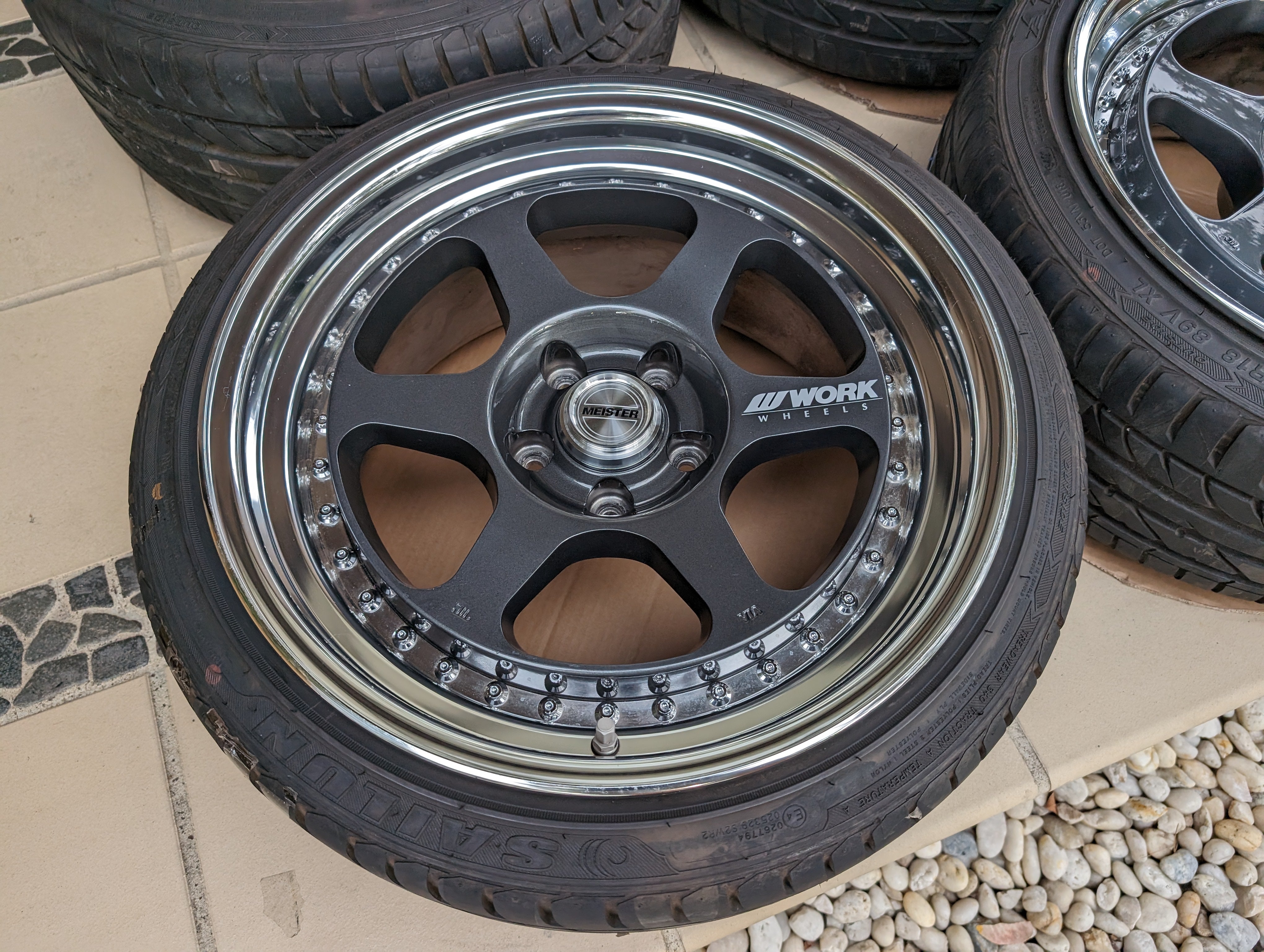 *Rare* Work Meister L13P - 3 Piece Wheels with Genuine Work Meister Center Caps and Tyres - 5x114.3 - F: 18x9 +15 - R: 18x10.5 +14