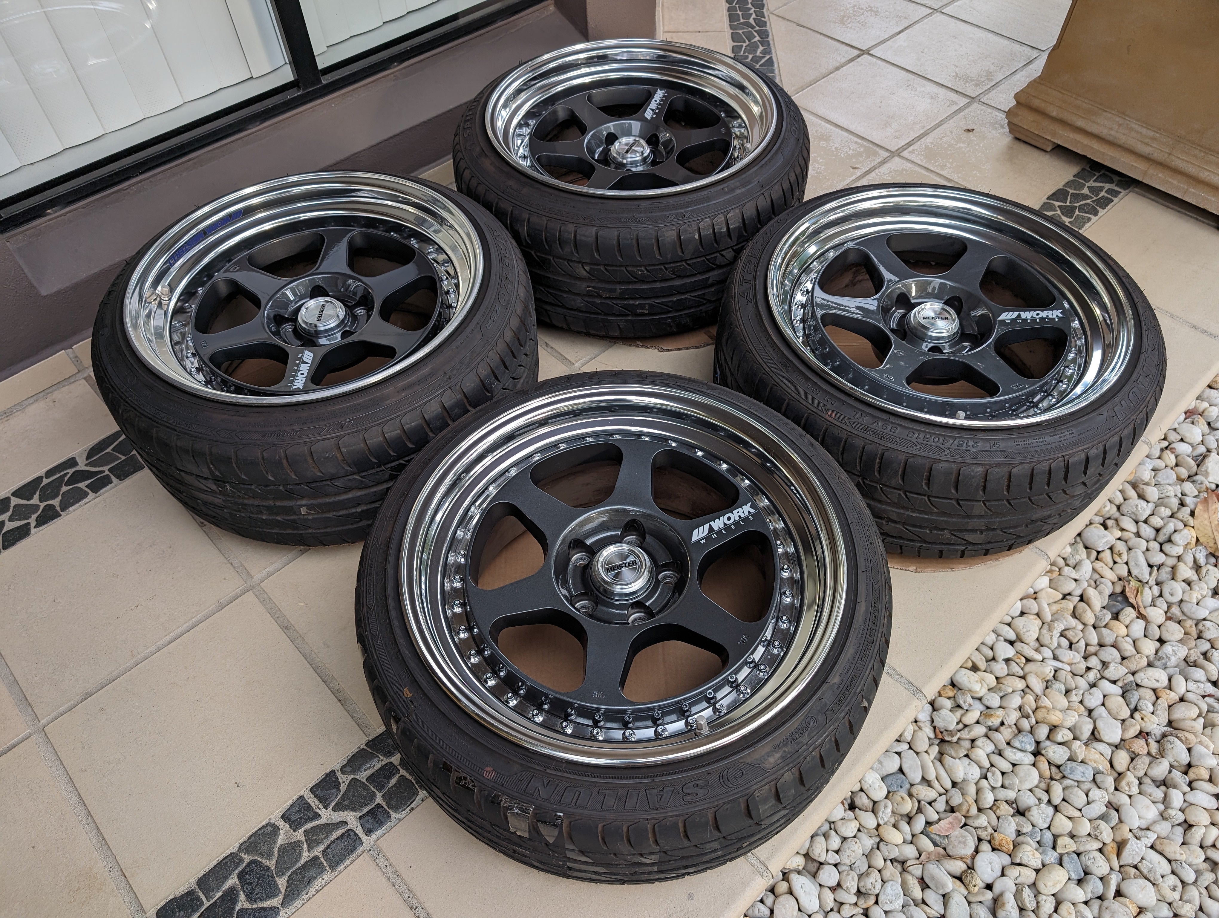 *Rare* Work Meister L13P - 3 Piece Wheels with Genuine Work Meister Center Caps and Tyres - 5x114.3 - F: 18x9 +15 - R: 18x10.5 +14