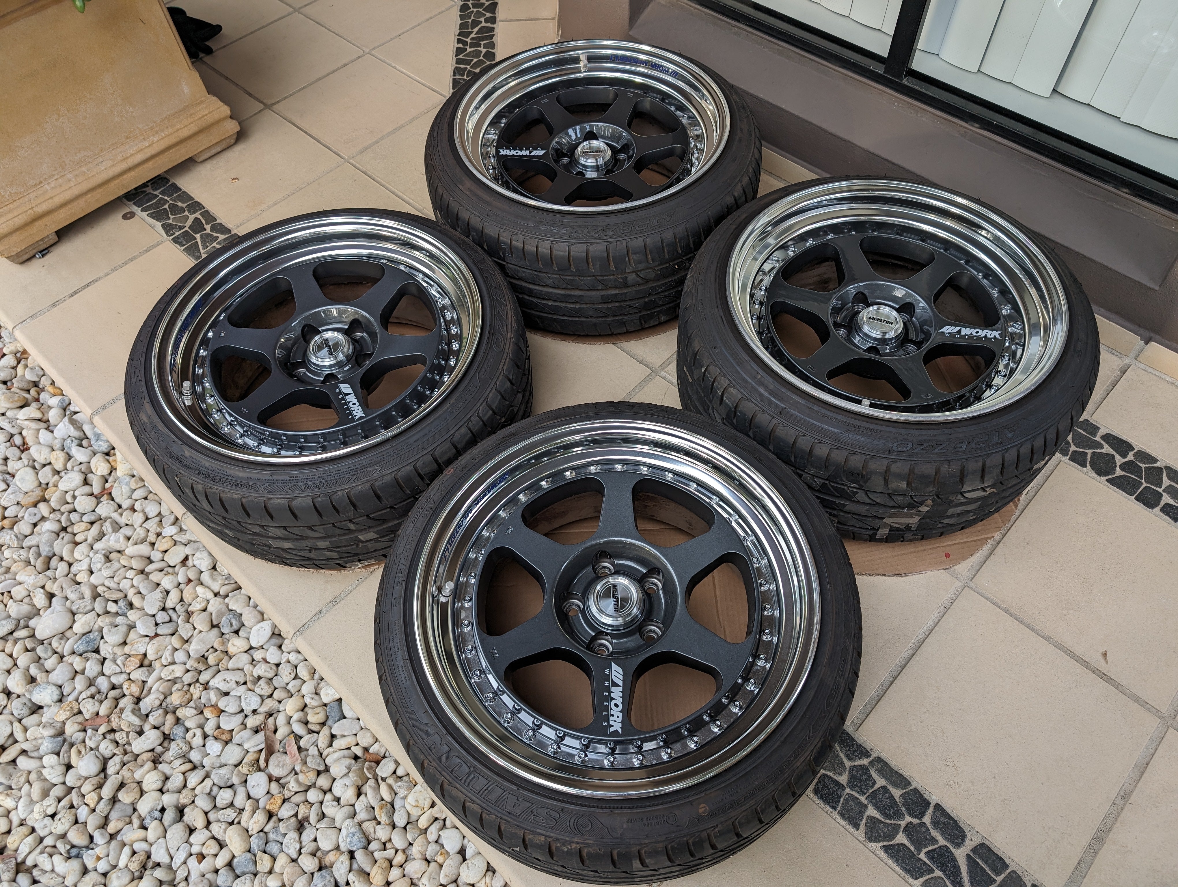 *Rare* Work Meister L13P - 3 Piece Wheels with Genuine Work Meister Center Caps and Tyres - 5x114.3 - F: 18x9 +15 - R: 18x10.5 +14