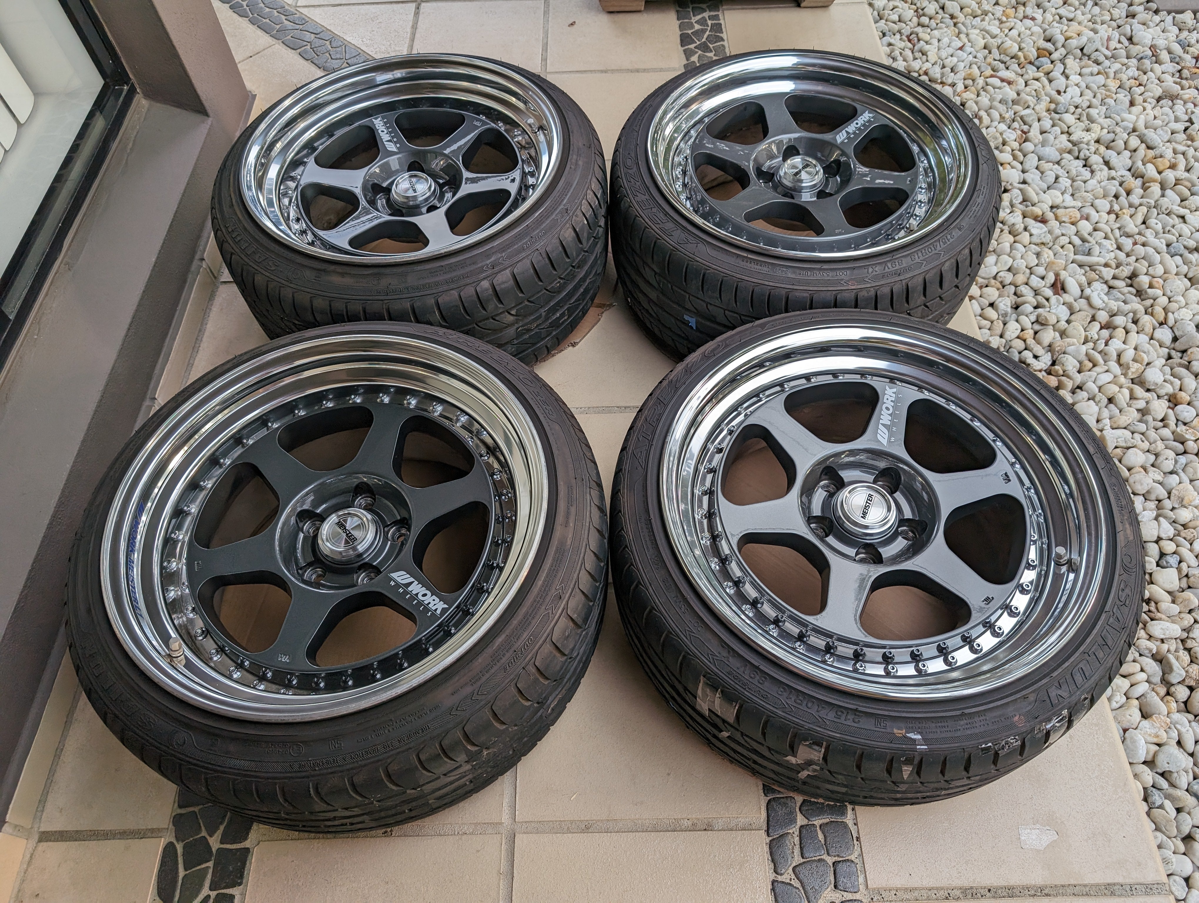 *Rare* Work Meister L13P - 3 Piece Wheels with Genuine Work Meister Center Caps and Tyres - 5x114.3 - F: 18x9 +15 - R: 18x10.5 +14