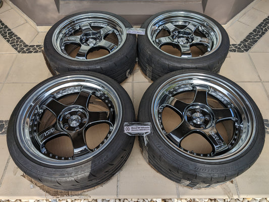
*Near New* SSR SP1 (SBC - Chrome) with SSR Center Caps and Bridgestone RE003 Tyres - F: 18x9 +25 (255/35/18)   - R: 18x10 +37 (255/35/18)