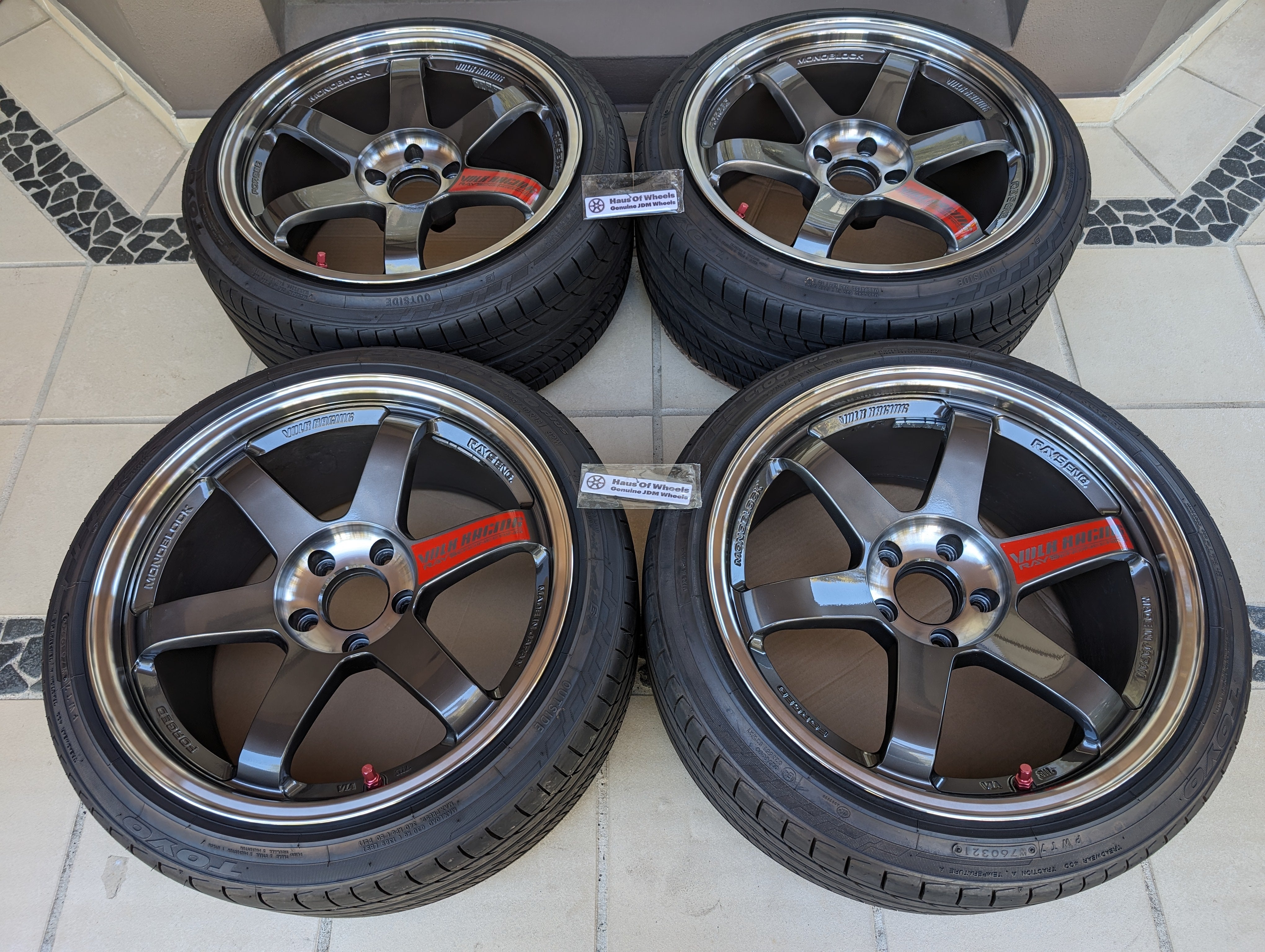 Rays Engineering Volks Racing TE37SL (Pressed Graphite) with Genuine Volk Racing Stickers and Tyres - 5x114.3 - 18x9.5 +22 (225/40/18)