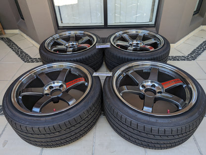 RAYS Volk Racing TE37SL (Pressed Graphite) with Genuine Volk Racing Stickers and Tyres - 5x114.3 - 18x9.5 +22 (225/40/18)