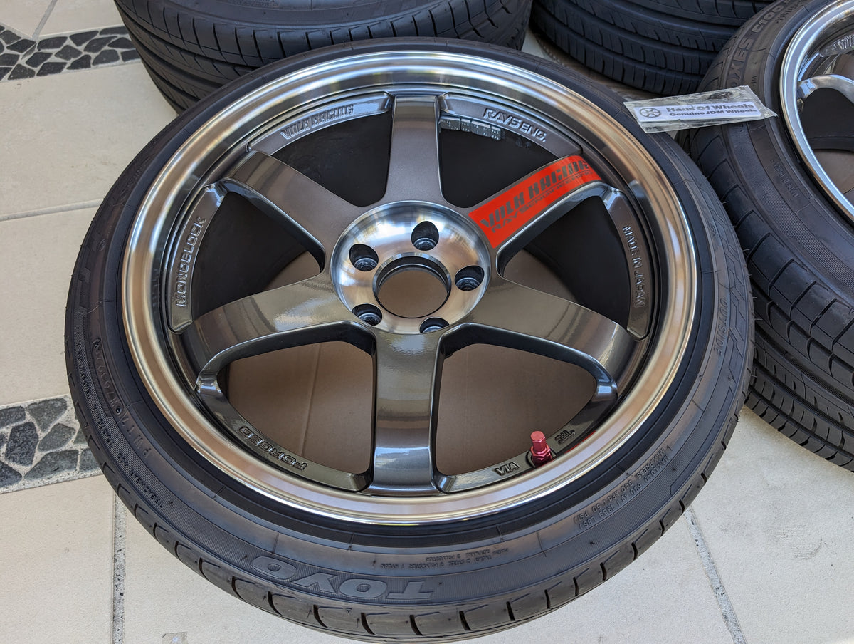 RAYS Volk Racing TE37SL (Pressed Graphite) with Genuine Volk Racing Stickers and Tyres - 5x114.3 - 18x9.5 +22 (225/40/18)