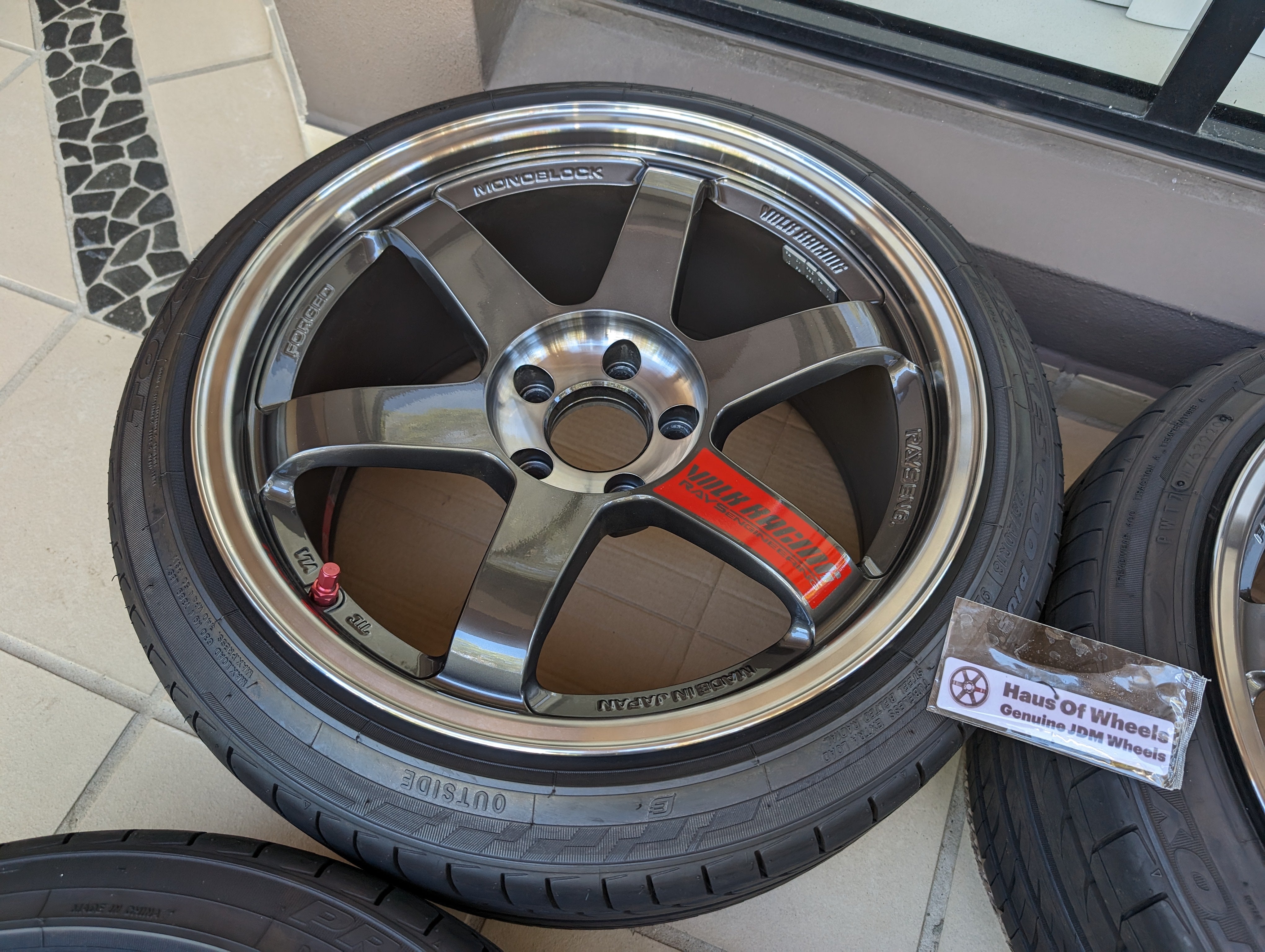 Rays Engineering Volks Racing TE37SL (Pressed Graphite) with Genuine Volk Racing Stickers and Tyres - 5x114.3 - 18x9.5 +22 (225/40/18)