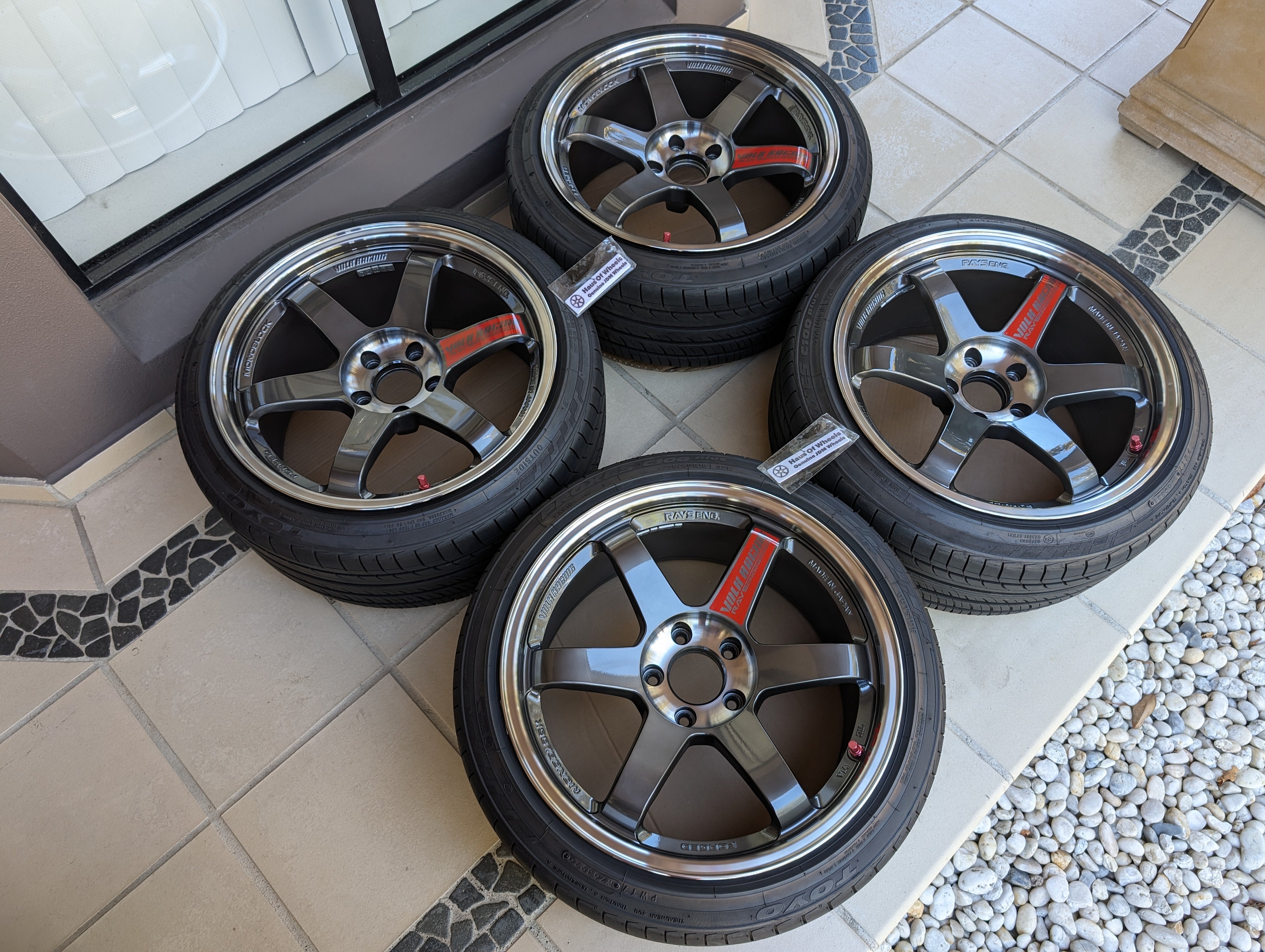 Rays Engineering Volks Racing TE37SL (Pressed Graphite) with Genuine Volk Racing Stickers and Tyres - 5x114.3 - 18x9.5 +22 (225/40/18)