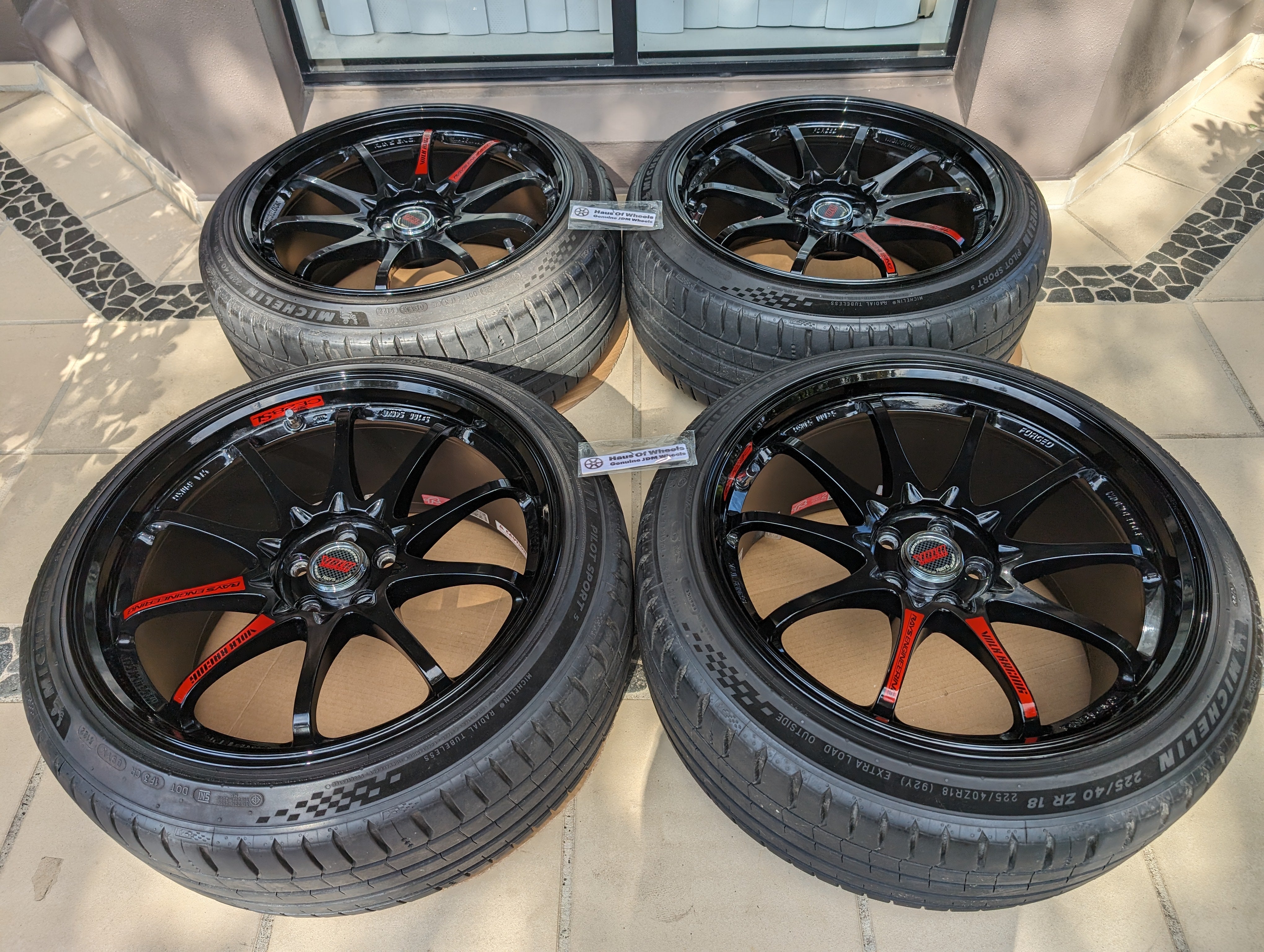 *Near New* Rays Engineering Volk Racing CE28SL (Gloss Black) with Genuine Rays Stickers and Michelin PS5 Tyres - 5x100 - 18x9.5 +38 (225/40/18)