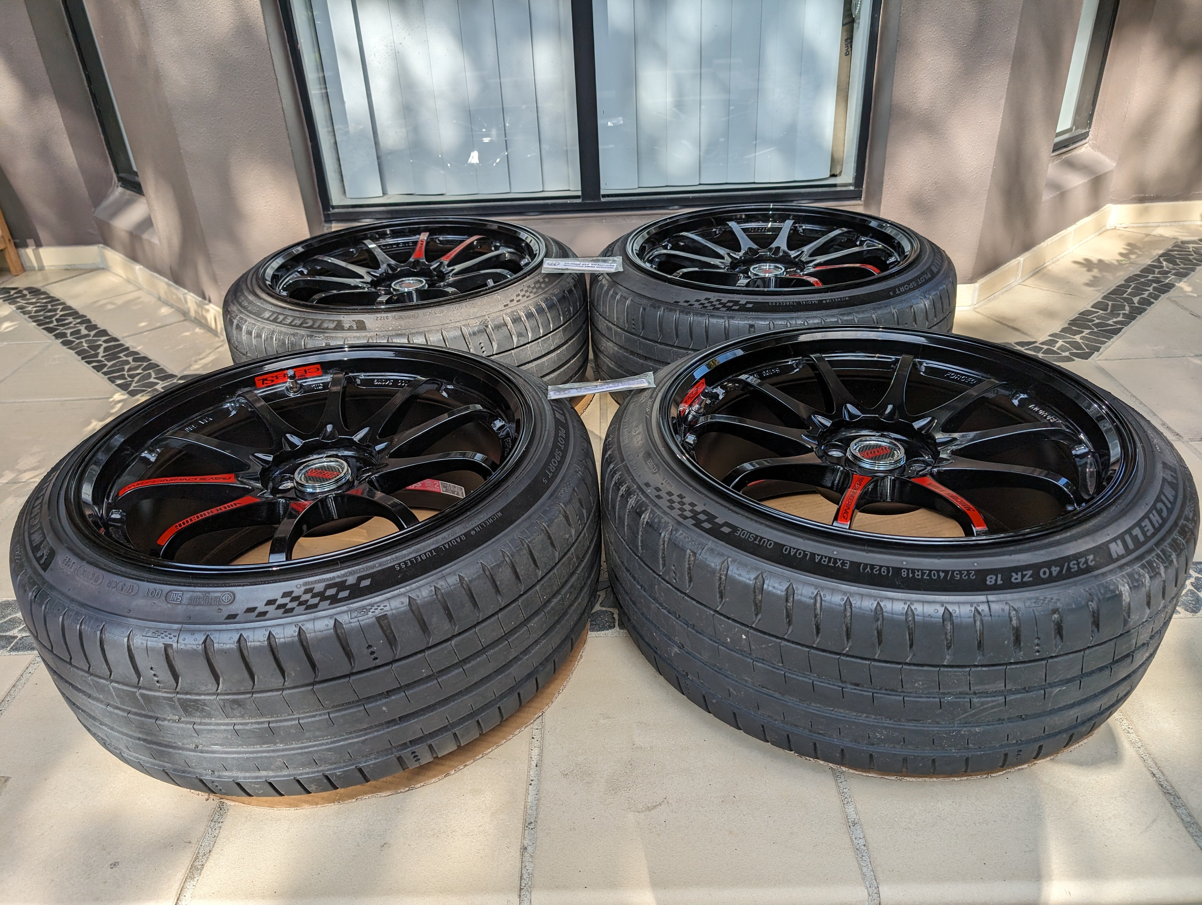 *Near New* Rays Engineering Volk Racing CE28SL (Gloss Black) with Genuine Rays Stickers and Michelin PS5 Tyres - 5x100 - 18x9.5 +38 (225/40/18)