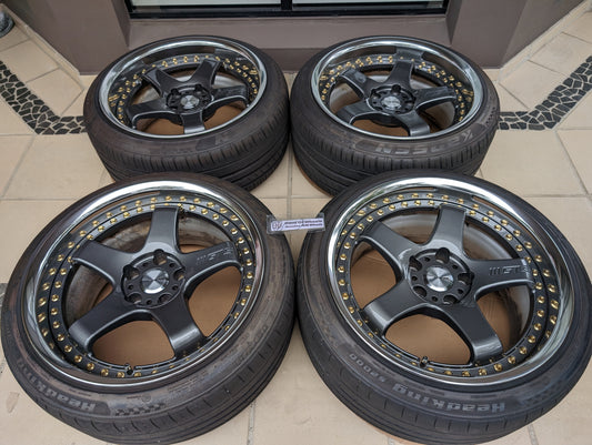 *Near New* Work Emotion GT5 3P With Genuine Work Centre Caps with Tyres - PCD 5x114.3 - F: 18x9.5 +18 (A-Disk) - R: 18x9.5 +25 (O-Disk)