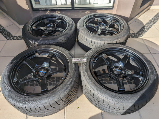 
RAYS Gram Lights 57 CR (Gloss Black) with Near New Continental Tyres and Center Caps - 5x100 17x9 +38 (245/45/17)