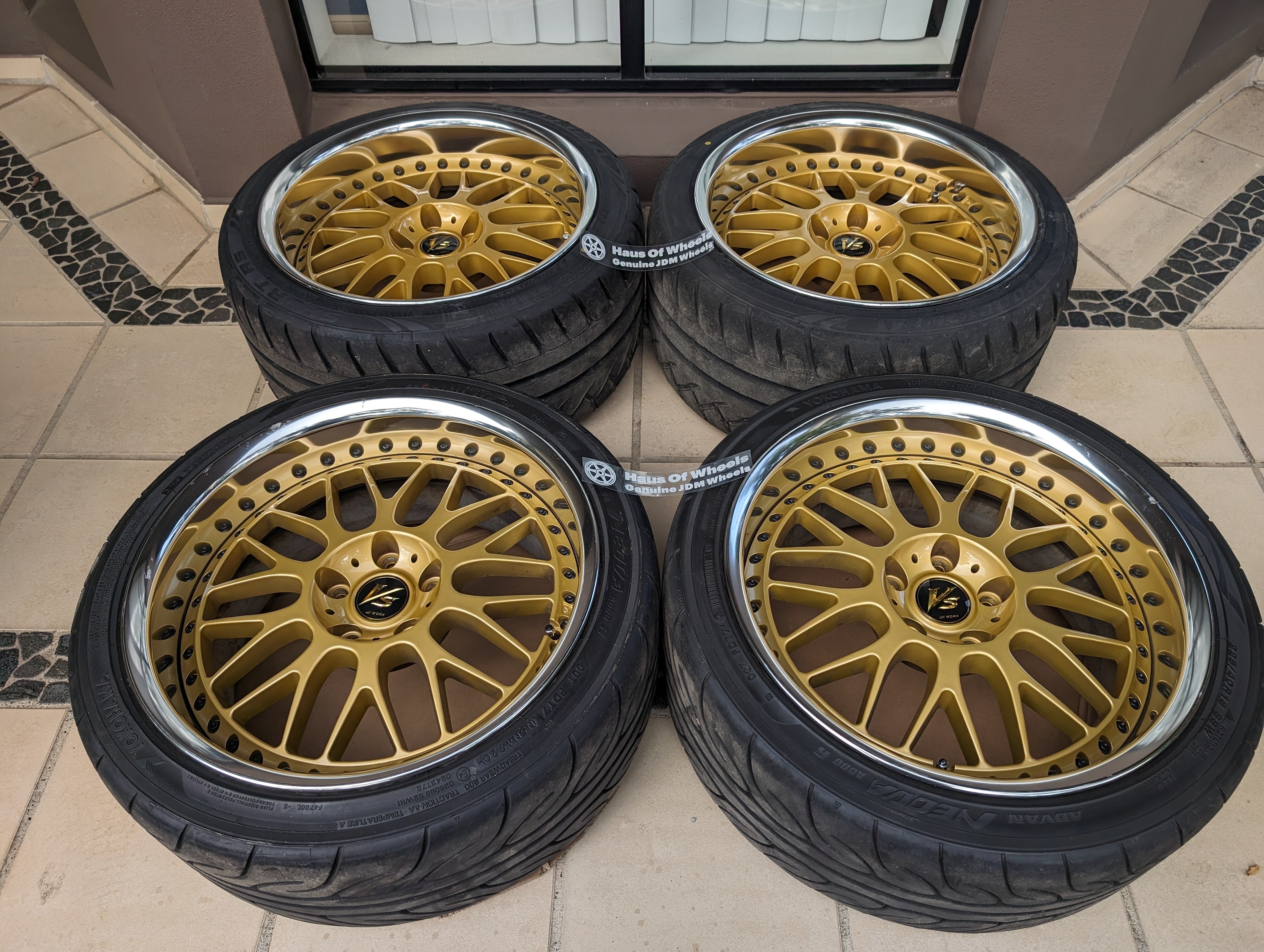 PCD 5x114.3  *Rare* Work VS-XX (Gold) with Genuine Work VS Center Caps and Tyres - 5x114.3 - F: 18x9 +20 (R-Disk)  - R: 18x10 +20 (O-Disk)