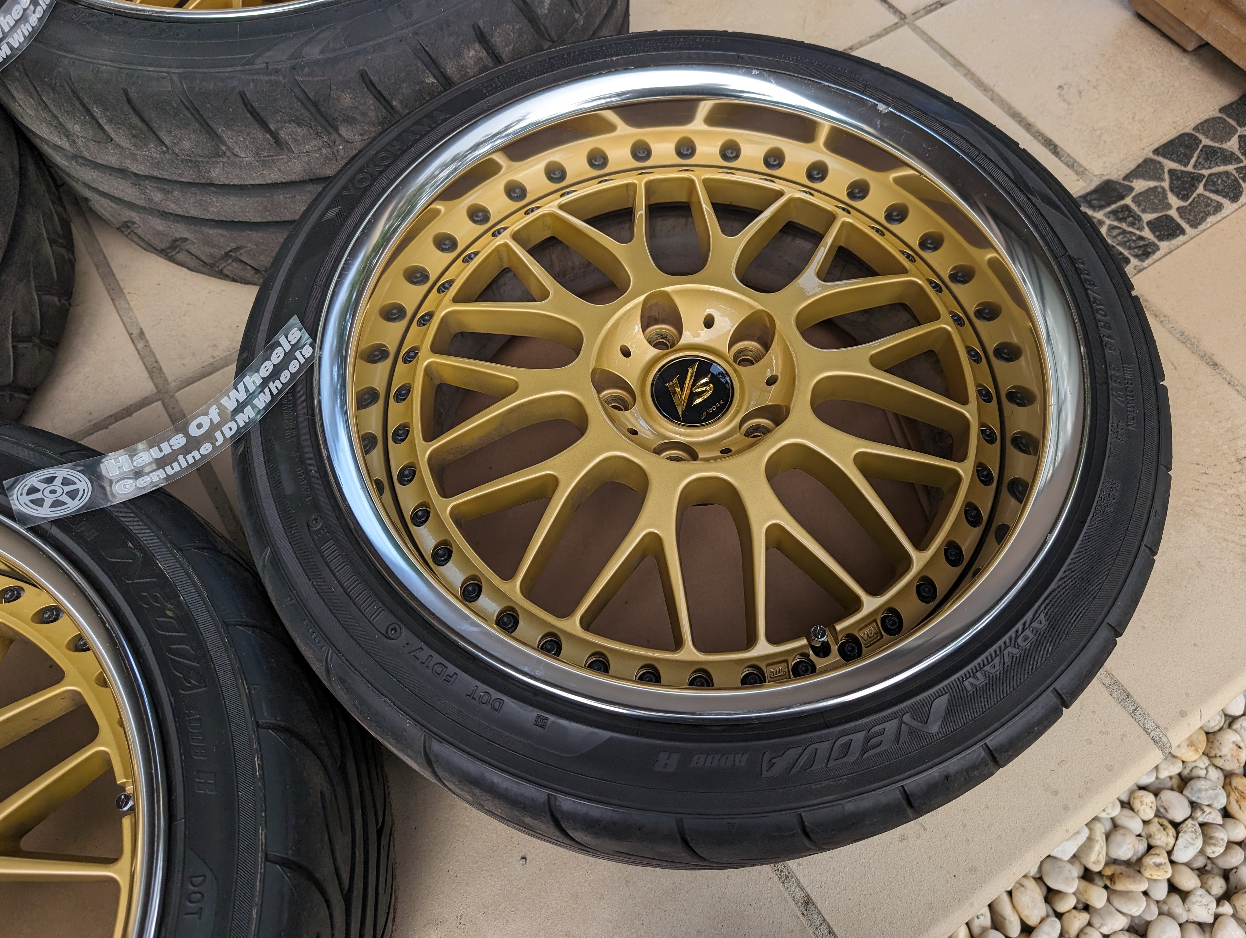 PCD 5x114.3  *Rare* Work VS-XX (Gold) with Genuine Work VS Center Caps and Tyres - 5x114.3 - F: 18x9 +20 (R-Disk)  - R: 18x10 +20 (O-Disk)