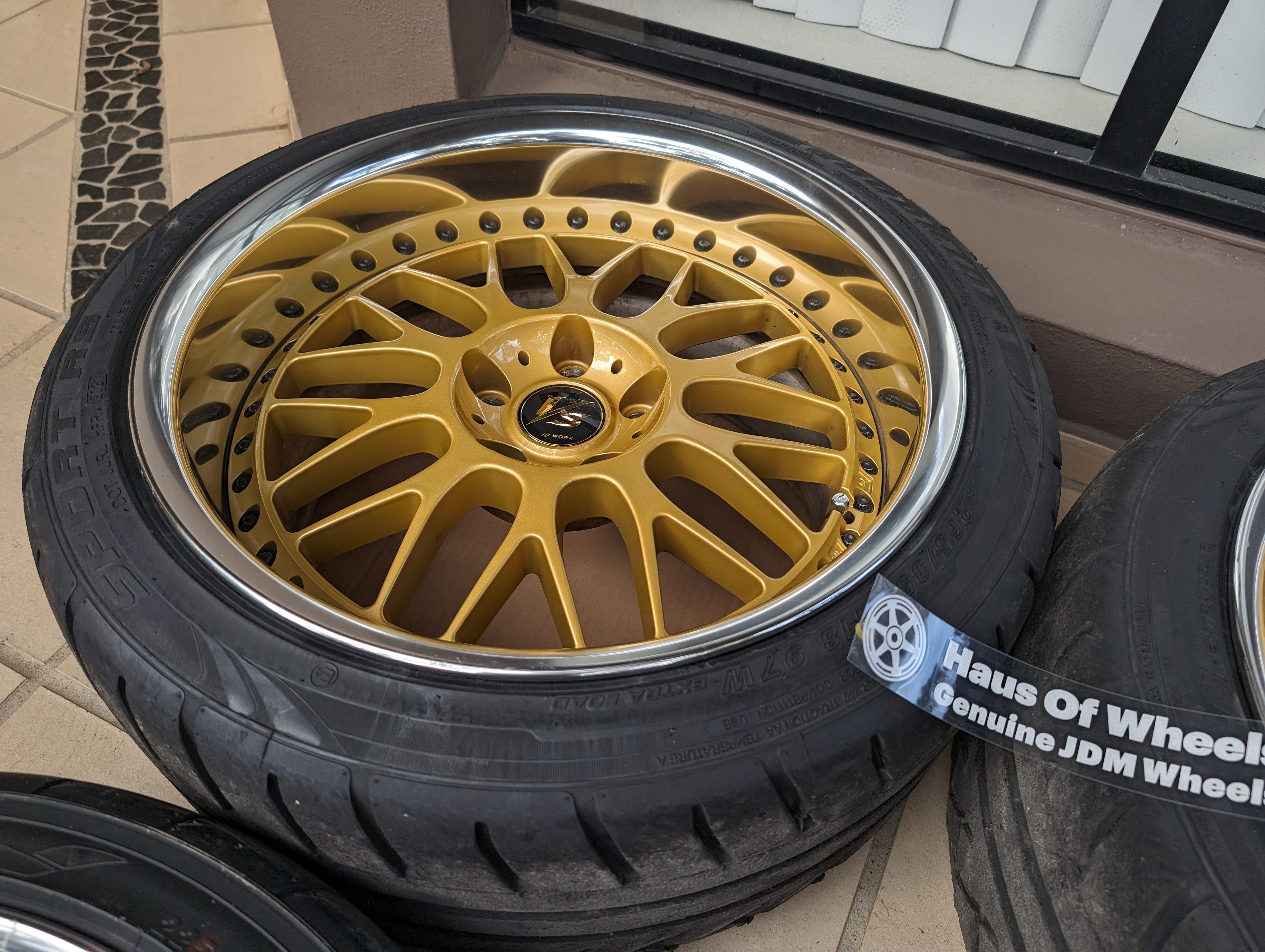 PCD 5x114.3  *Rare* Work VS-XX (Gold) with Genuine Work VS Center Caps and Tyres - 5x114.3 - F: 18x9 +20 (R-Disk)  - R: 18x10 +20 (O-Disk)