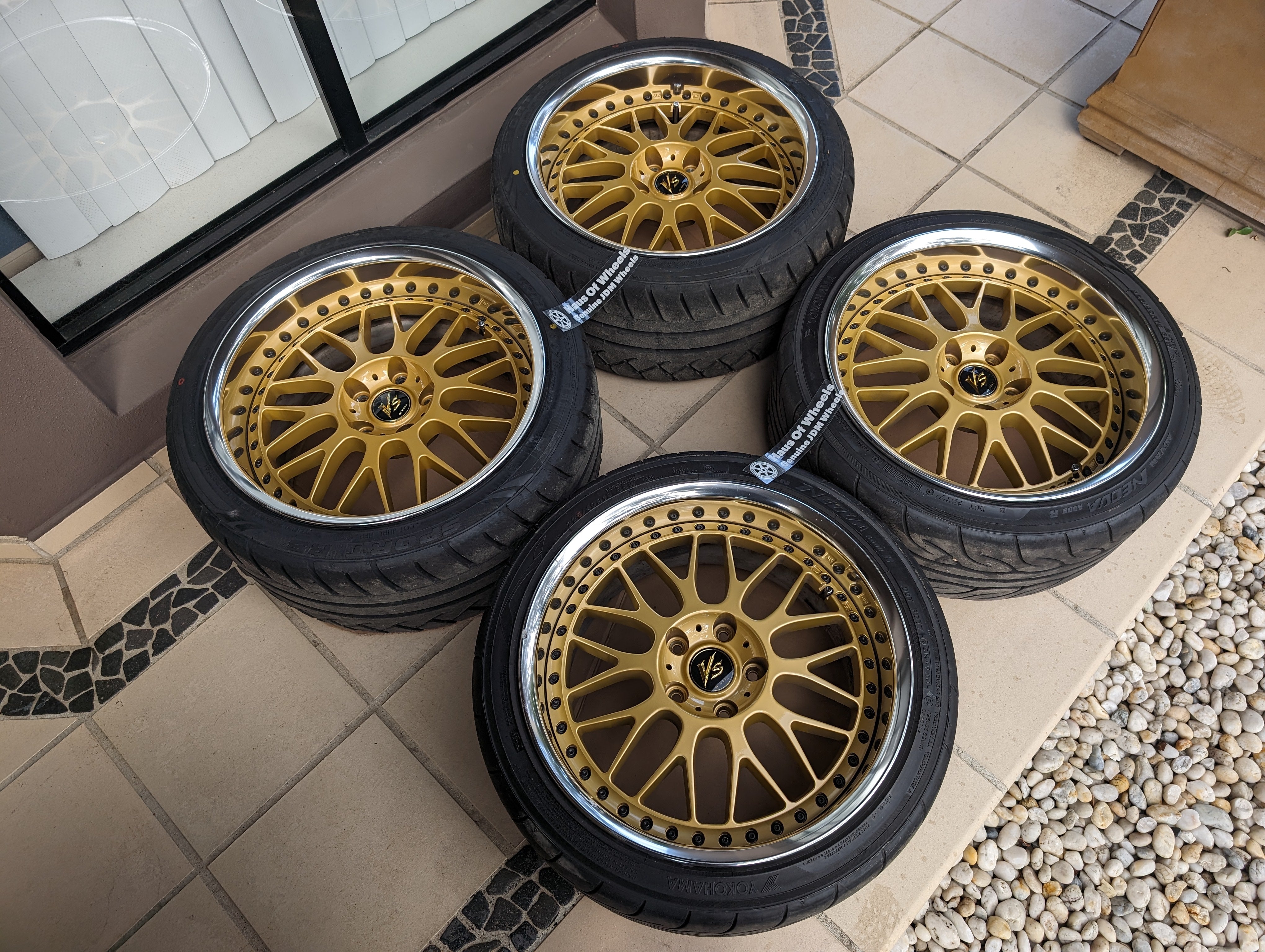 PCD 5x114.3  *Rare* Work VS-XX (Gold) with Genuine Work VS Center Caps and Tyres - 5x114.3 - F: 18x9 +20 (R-Disk)  - R: 18x10 +20 (O-Disk)