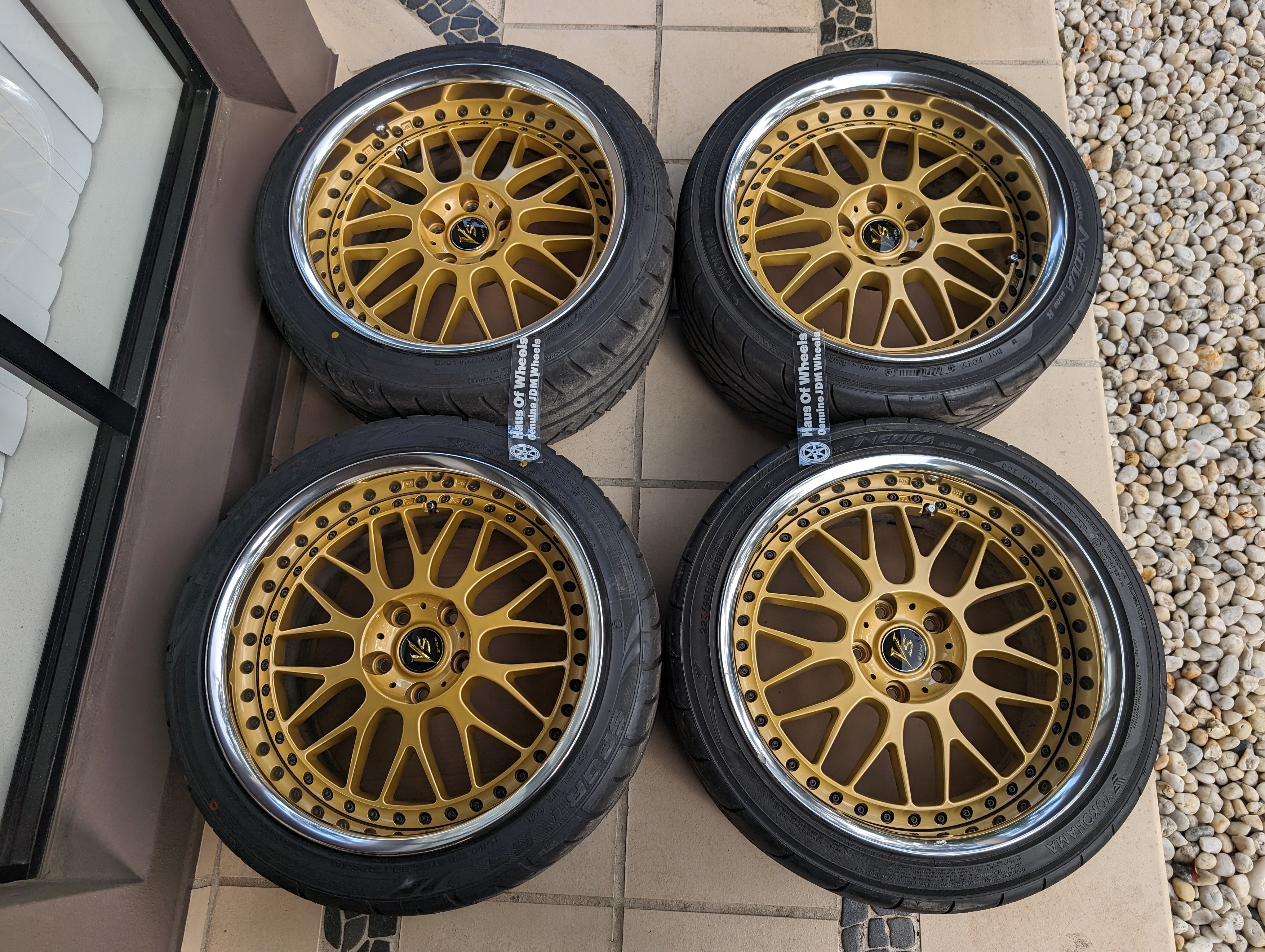 PCD 5x114.3  *Rare* Work VS-XX (Gold) with Genuine Work VS Center Caps and Tyres - 5x114.3 - F: 18x9 +20 (R-Disk)  - R: 18x10 +20 (O-Disk)