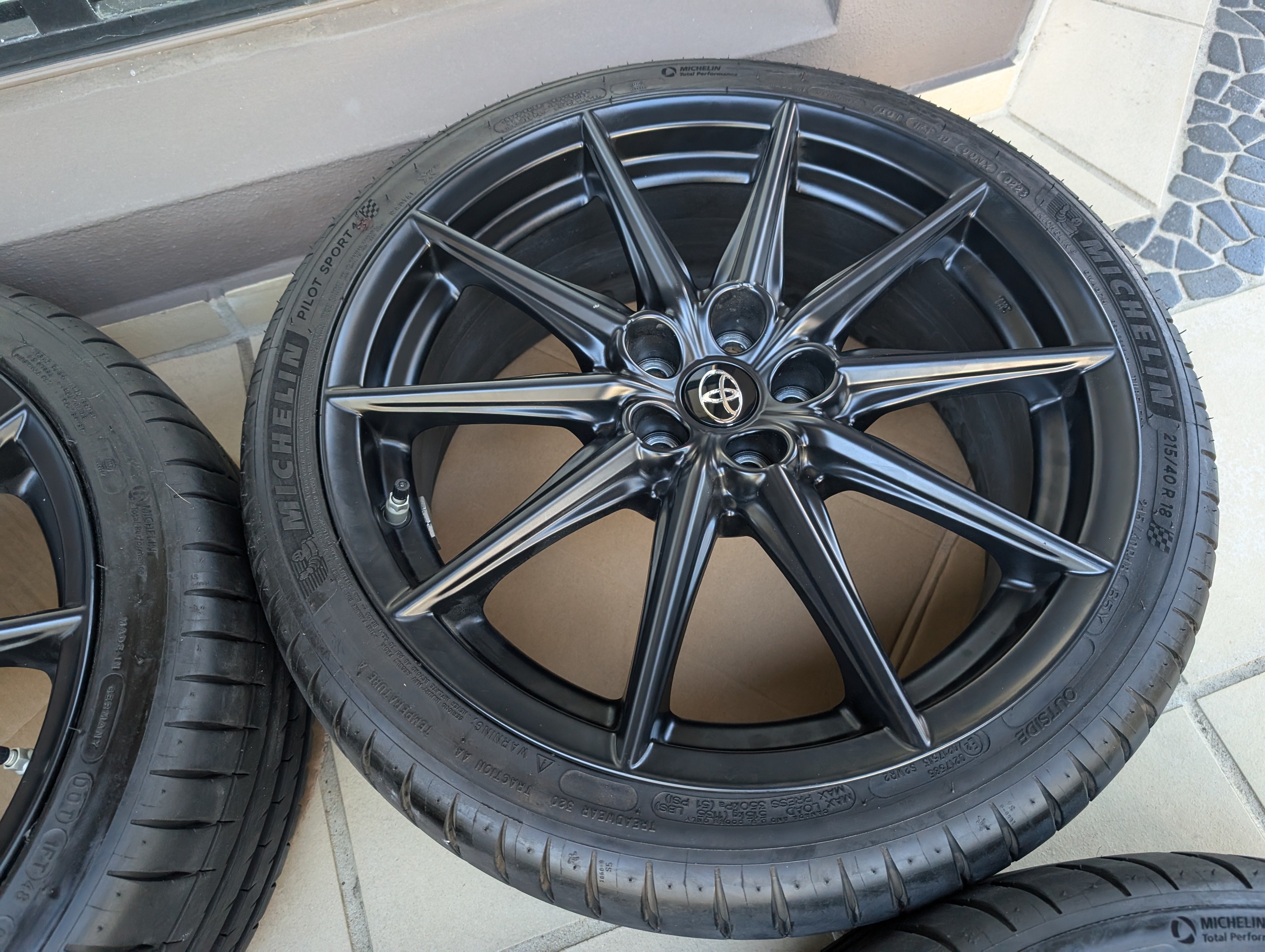 Toyota GR86 Wheels with Near New Michelin PS4 Tyres and Genuine Toyota Center Caps - 5x100 - 18x7.5 +48 (215/40/18)