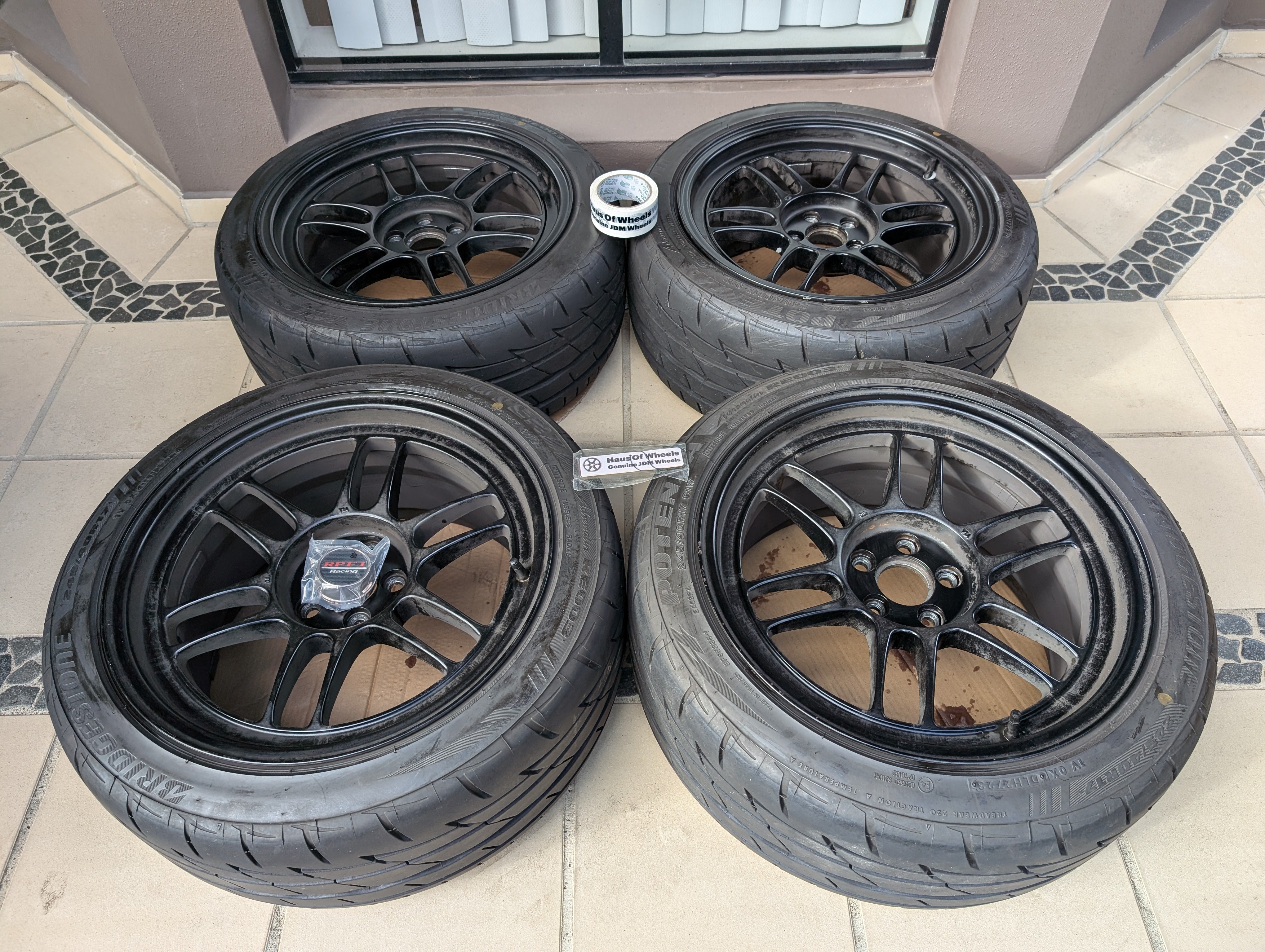 Enkei RPF1 (Matte Black) with Near New Bridgestone RE003 Tyres - 5x100 - 17x9 +35 (245/40/17)