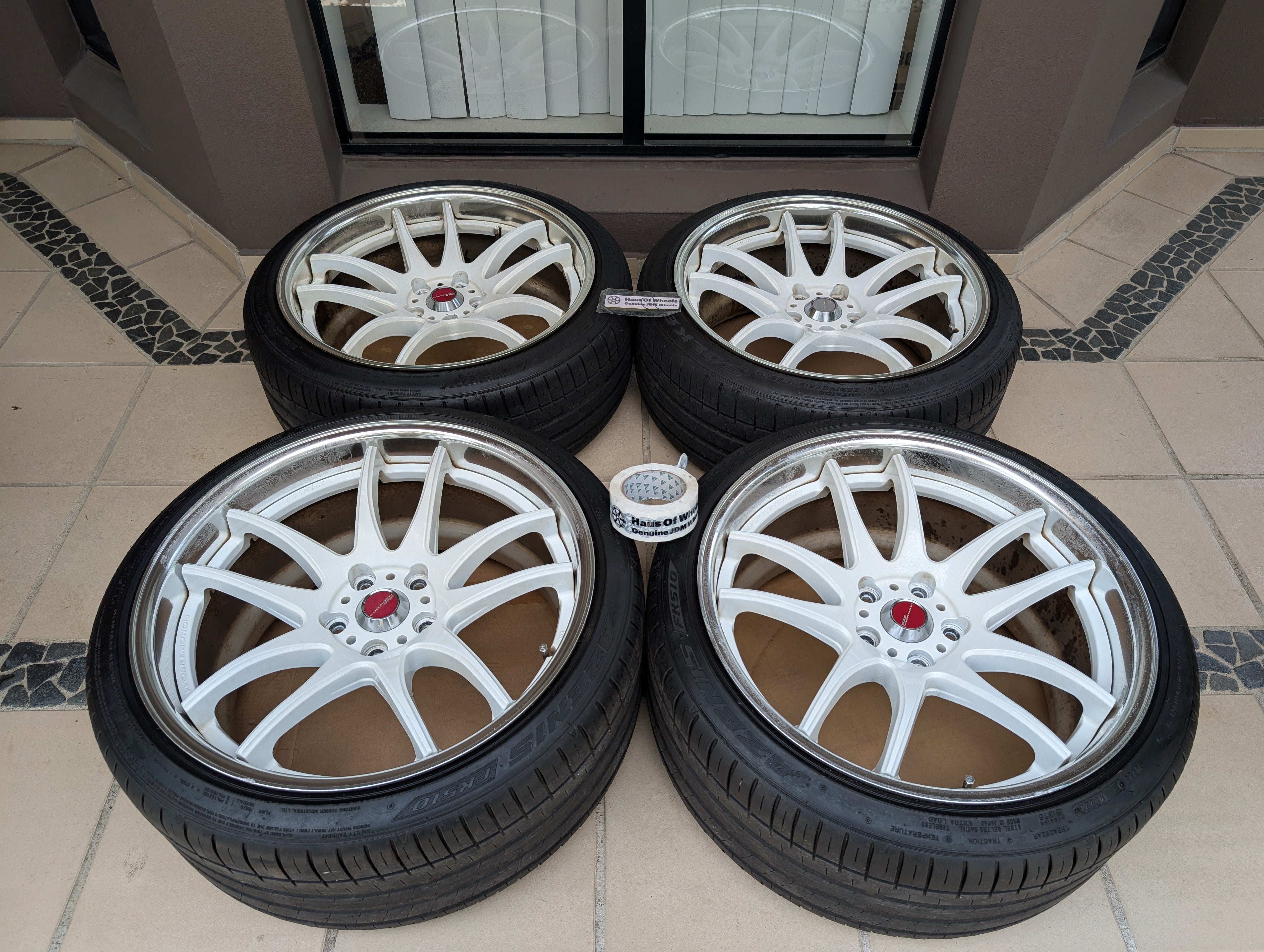 *Rare* Work Emotion CR2P (White) with Genuine Work Centre Caps - 5x114.3 - F: 19x9 +28 (A-Disk) - R: 19x10 +36 (A-Disk)