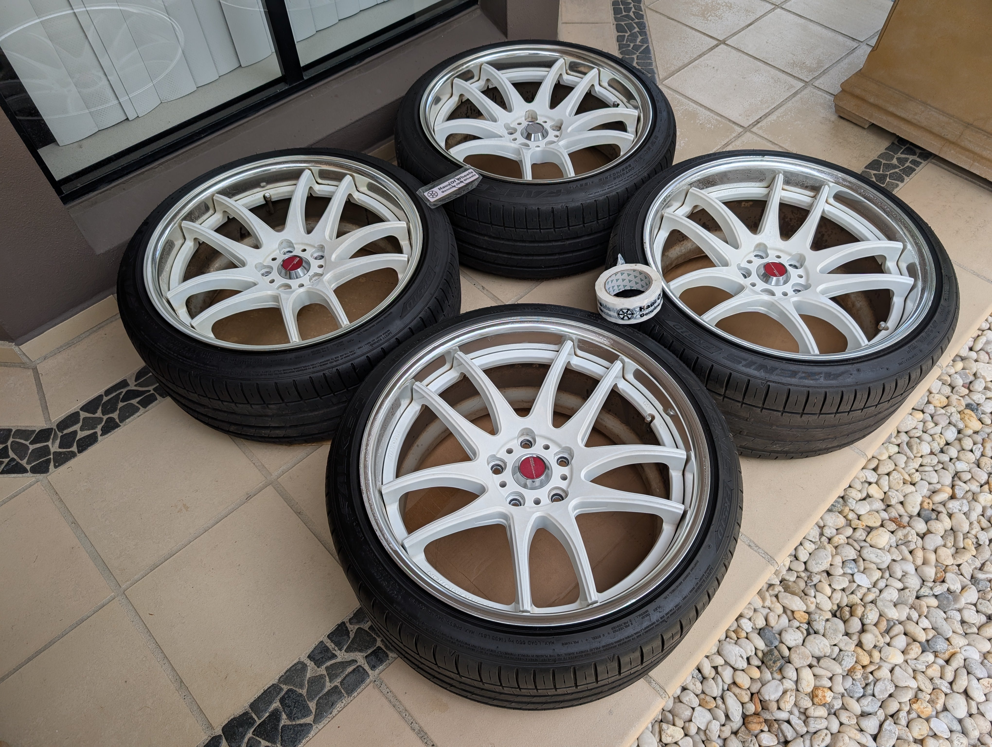 *Rare* Work Emotion CR2P (White) with Genuine Work Centre Caps - 5x114.3 - F: 19x9 +28 (A-Disk) - R: 19x10 +36 (A-Disk)