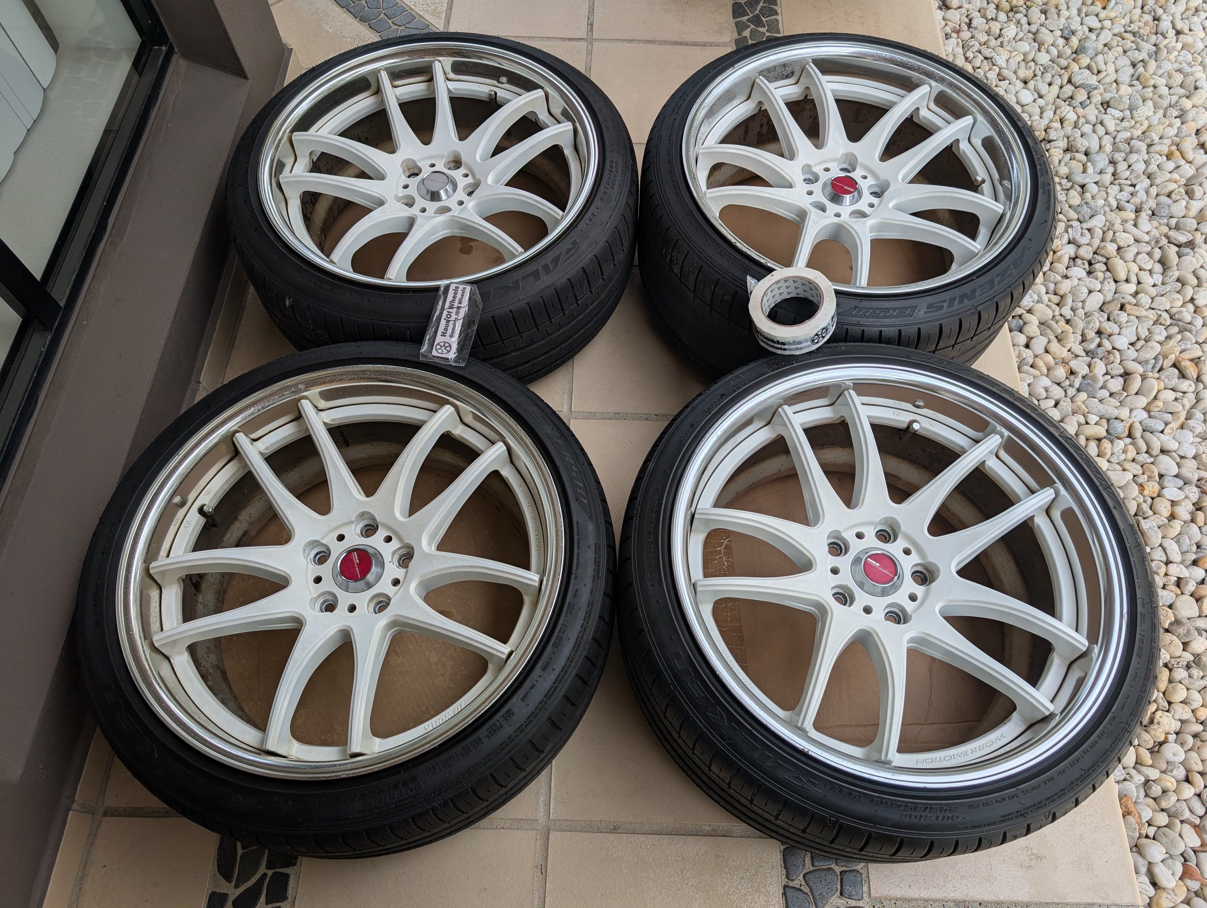 *Rare* Work Emotion CR2P (White) with Genuine Work Centre Caps - 5x114.3 - F: 19x9 +28 (A-Disk) - R: 19x10 +36 (A-Disk)