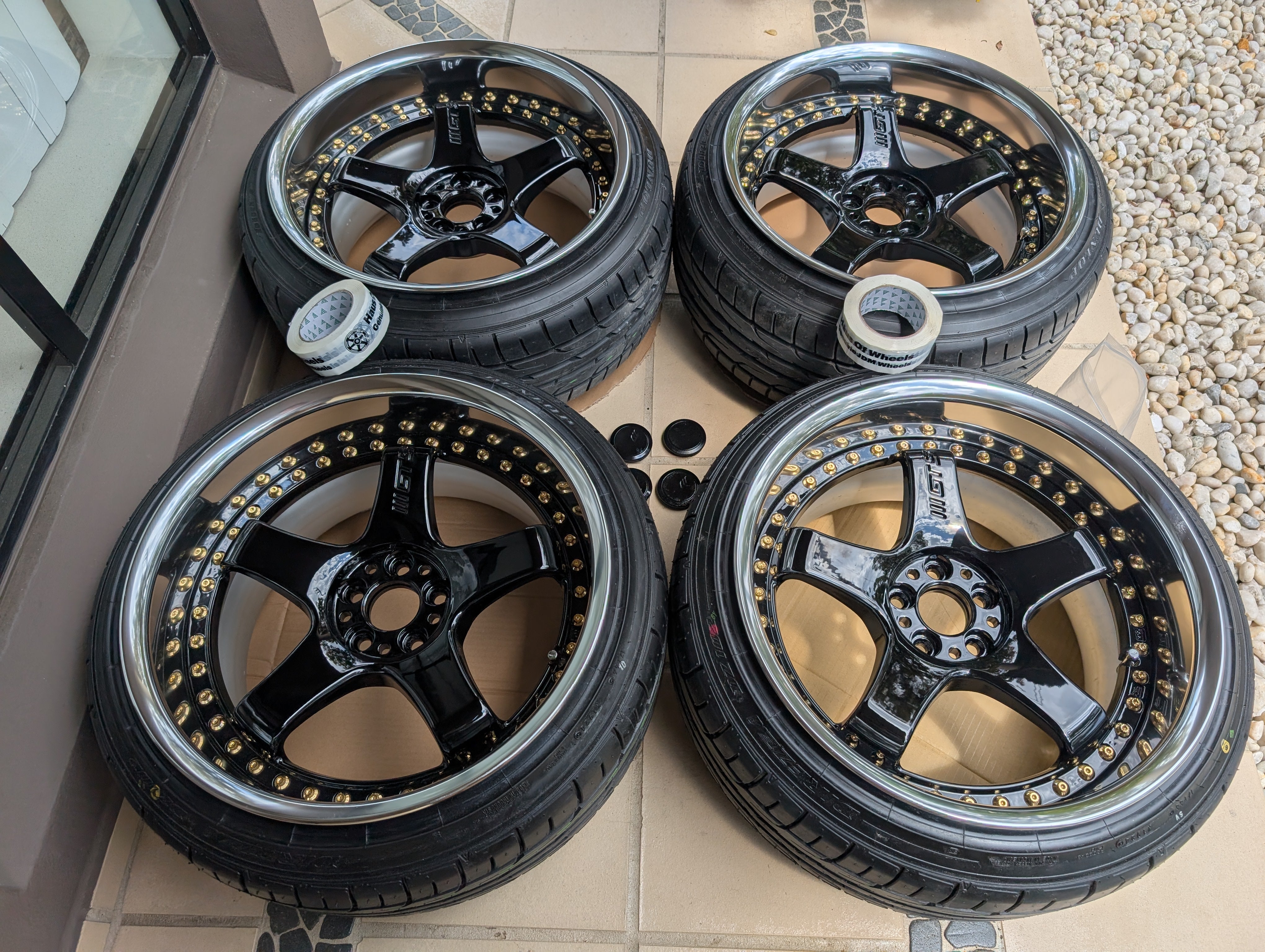 *Deep Dish* Work Emotion GT5 3P (Gloss Black) With Genuine Work Centre Caps and Brand New Tyres - 5x100 - 18x10 +6 (215/40/18)