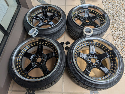 *Deep Dish* Work Emotion GT5 3P (Gloss Black) With Genuine Work Centre Caps and Brand New Tyres - 5x100 - 18x10 +6 (215/40/18)