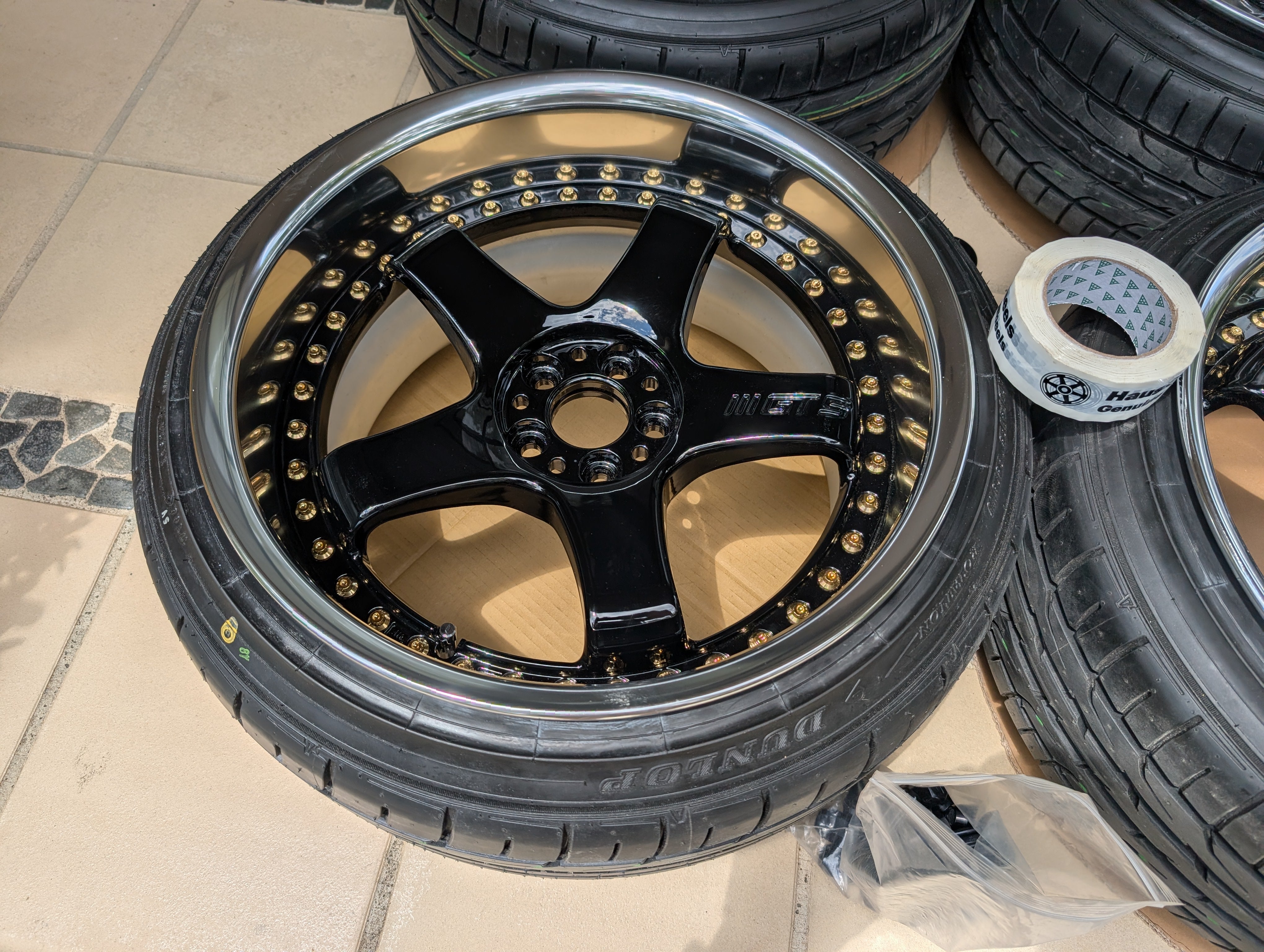 *Deep Dish* Work Emotion GT5 3P (Gloss Black) With Genuine Work Centre Caps and Brand New Tyres - 5x100 - 18x10 +6 (215/40/18)