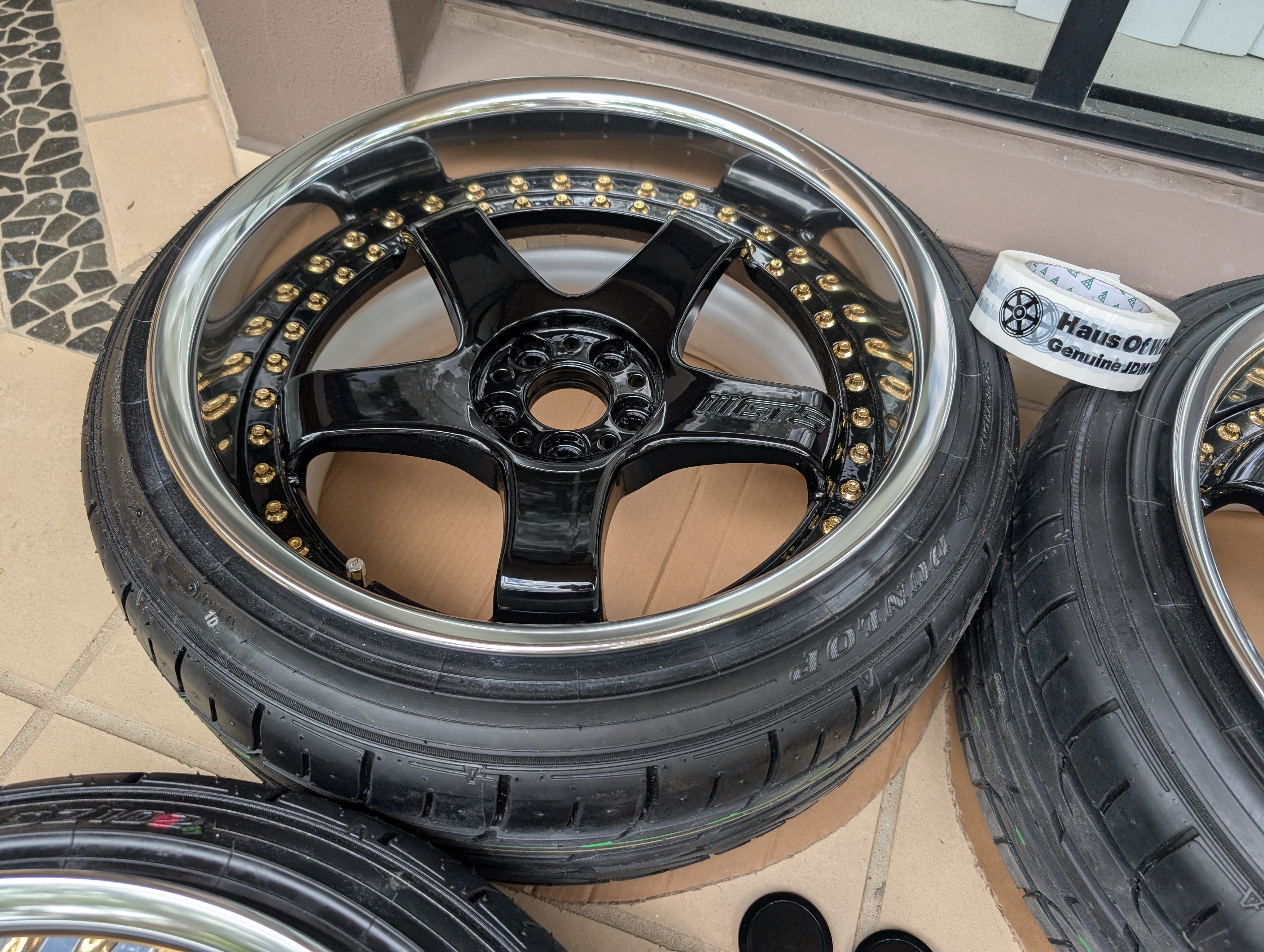 *Deep Dish* Work Emotion GT5 3P (Gloss Black) With Genuine Work Centre Caps and Brand New Tyres - 5x100 - 18x10 +6 (215/40/18)