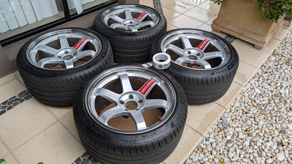 RAYS Volk Racing TE37SL Diamond Silver / Pressed Graphite | 5x114.3 | 18x10.5 +15 | Near New | Michelin PS4 Tyres | Discontinued