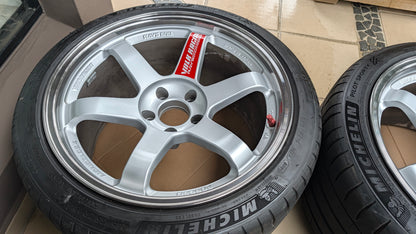 RAYS Volk Racing TE37SL Diamond Silver / Pressed Graphite | 5x114.3 | 18x10.5 +15 | Near New | Michelin PS4 Tyres | Discontinued