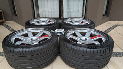 RAYS Volk Racing TE37SL Diamond Silver / Pressed Graphite | 5x114.3 | 18x10.5 +15 | Near New | Michelin PS4 Tyres | Discontinued